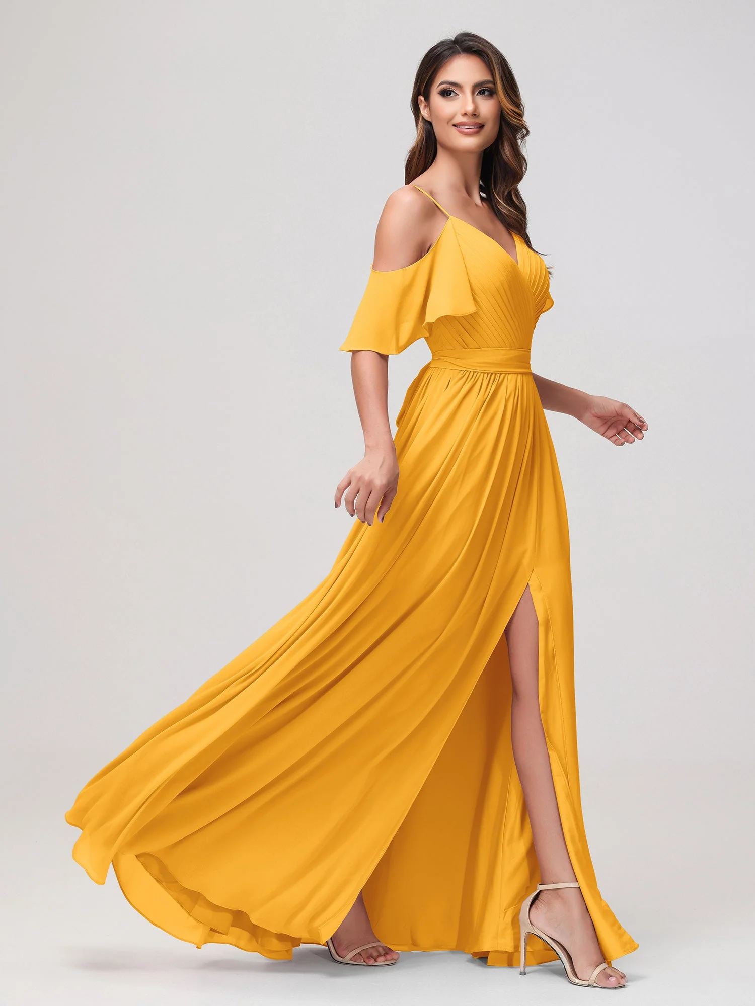 Schulterfrei A-Linie Rüschen Chiffon Kleid mit Schlitz Mandarine - Image 3