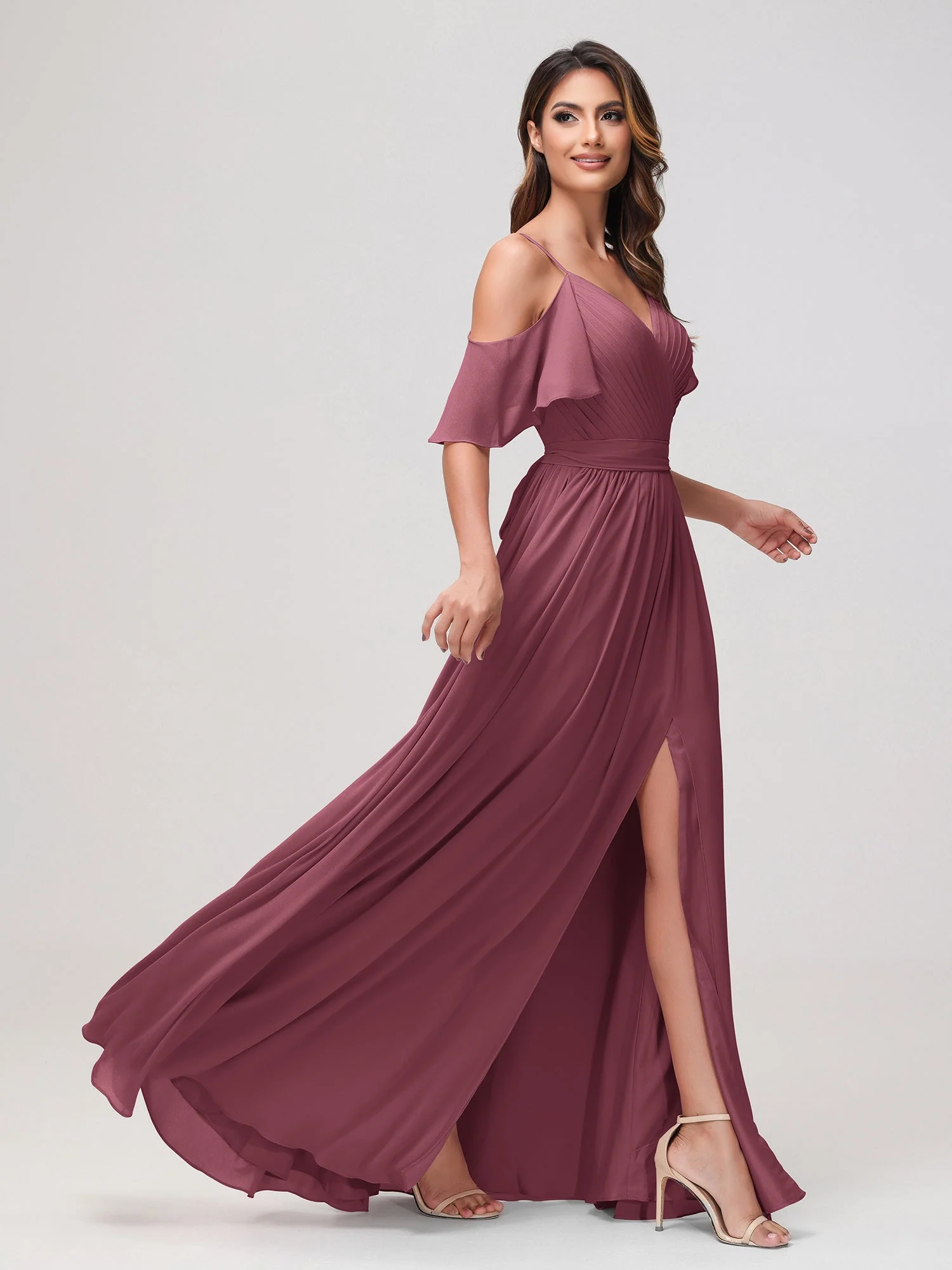 Schulterfrei A-Linie Rüschen Chiffon Kleid mit Schlitz Maulbeere - Image 3