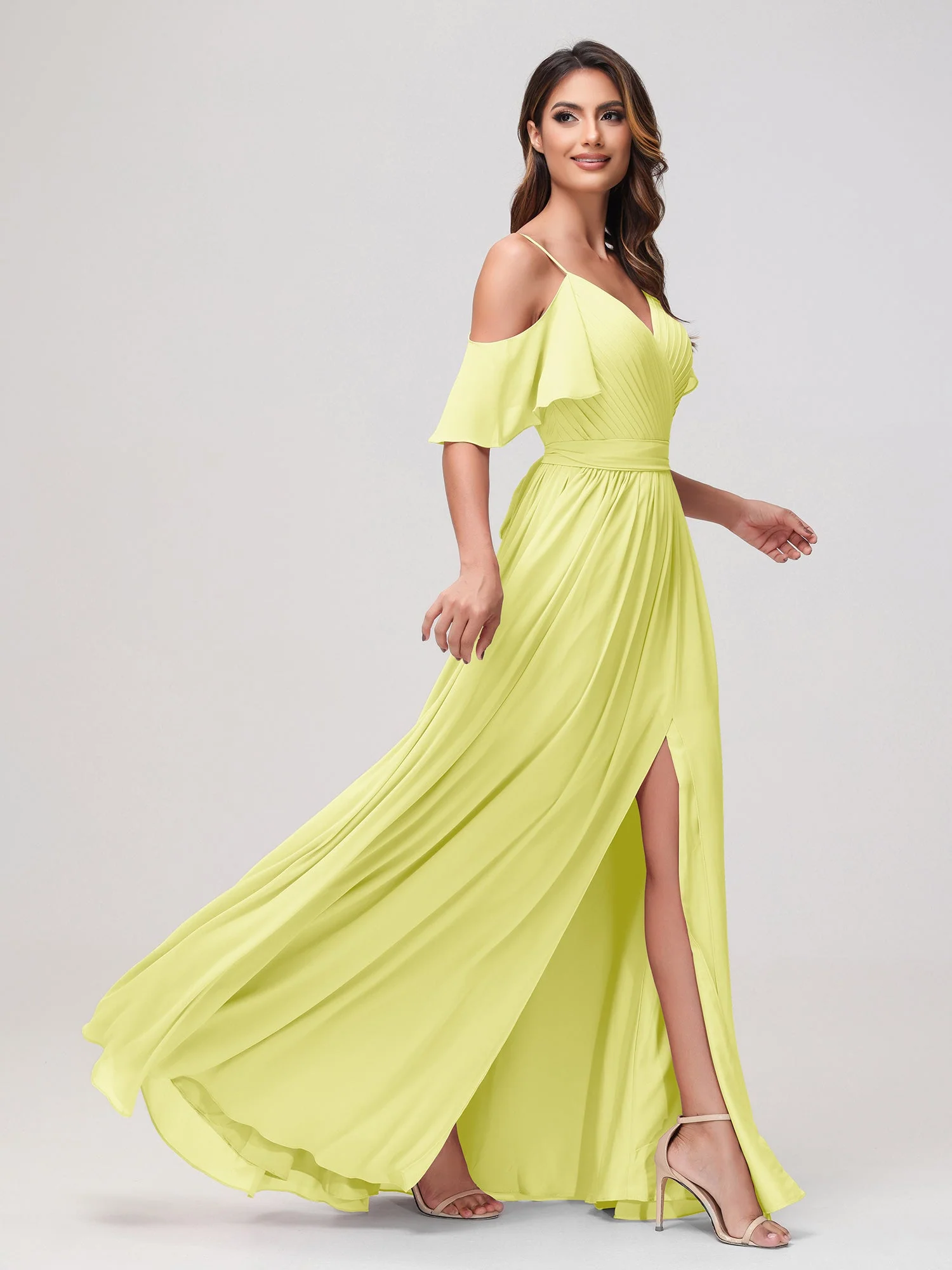 Schulterfrei A-Linie Rüschen Chiffon Kleid mit Schlitz Narzisse - Image 3