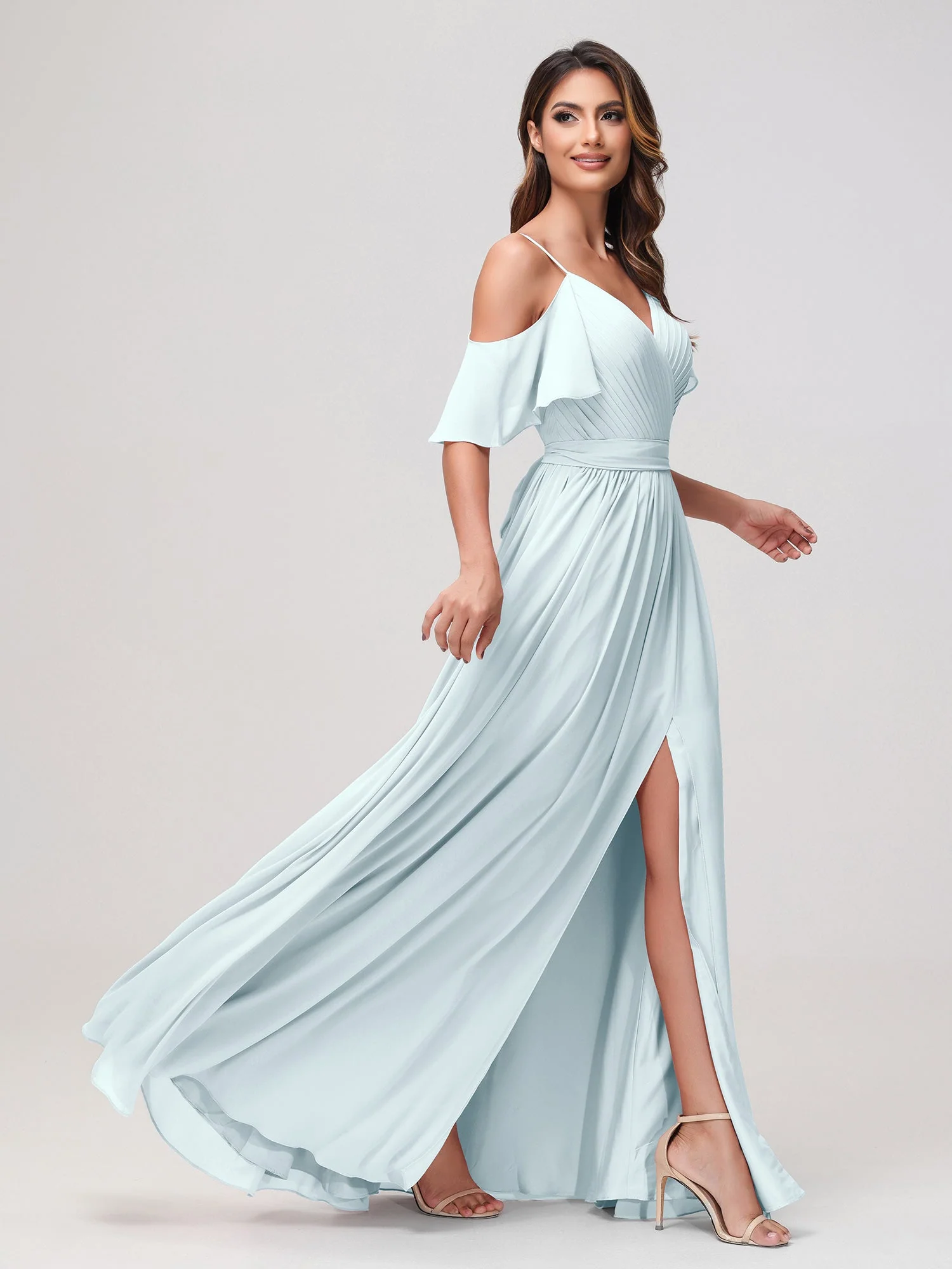 Schulterfrei A-Linie Rüschen Chiffon Kleid mit Schlitz Nebel - Image 3