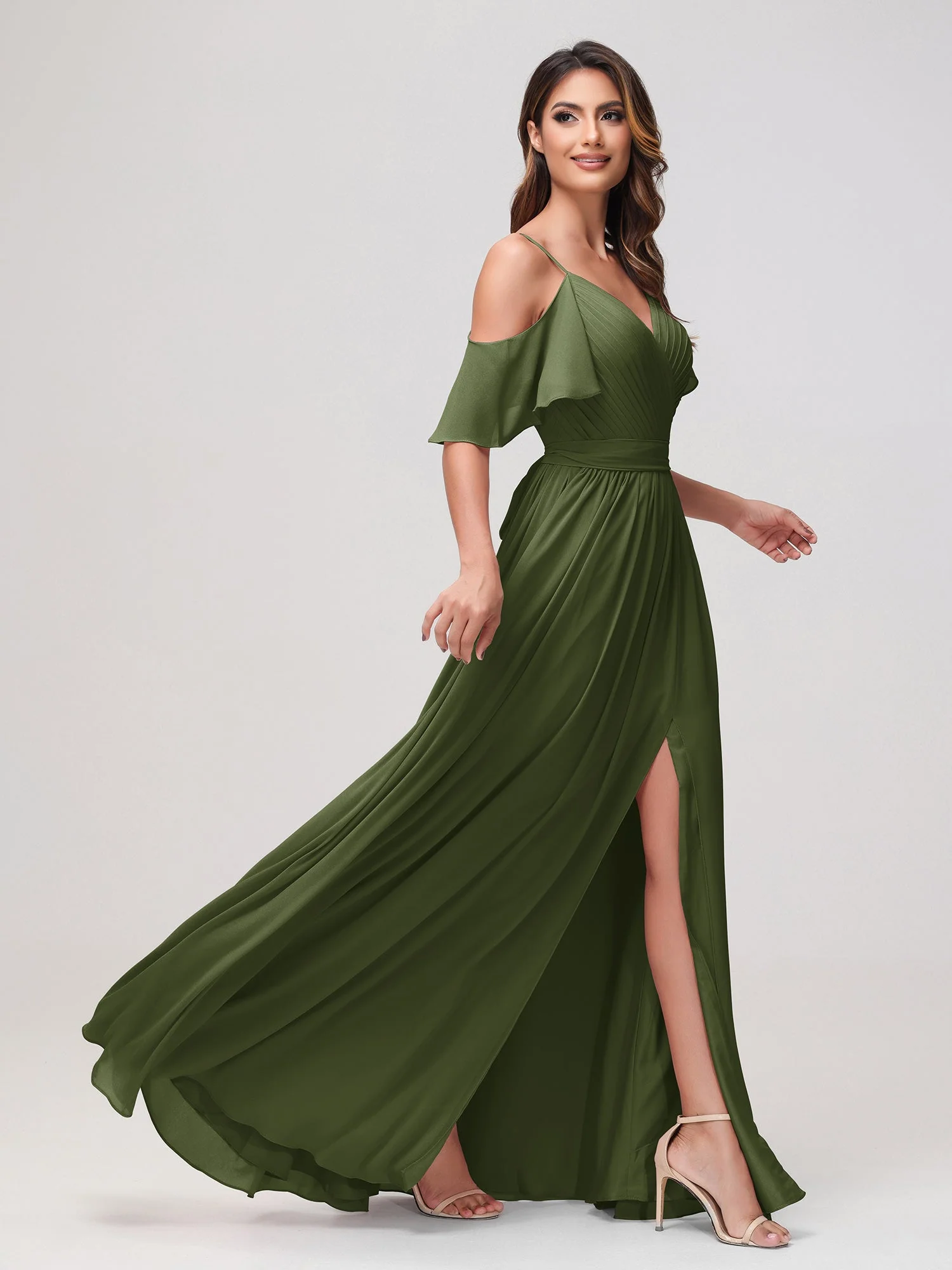 Schulterfrei A-Linie Rüschen Chiffon Kleid mit Schlitz Olivgrün - Image 3