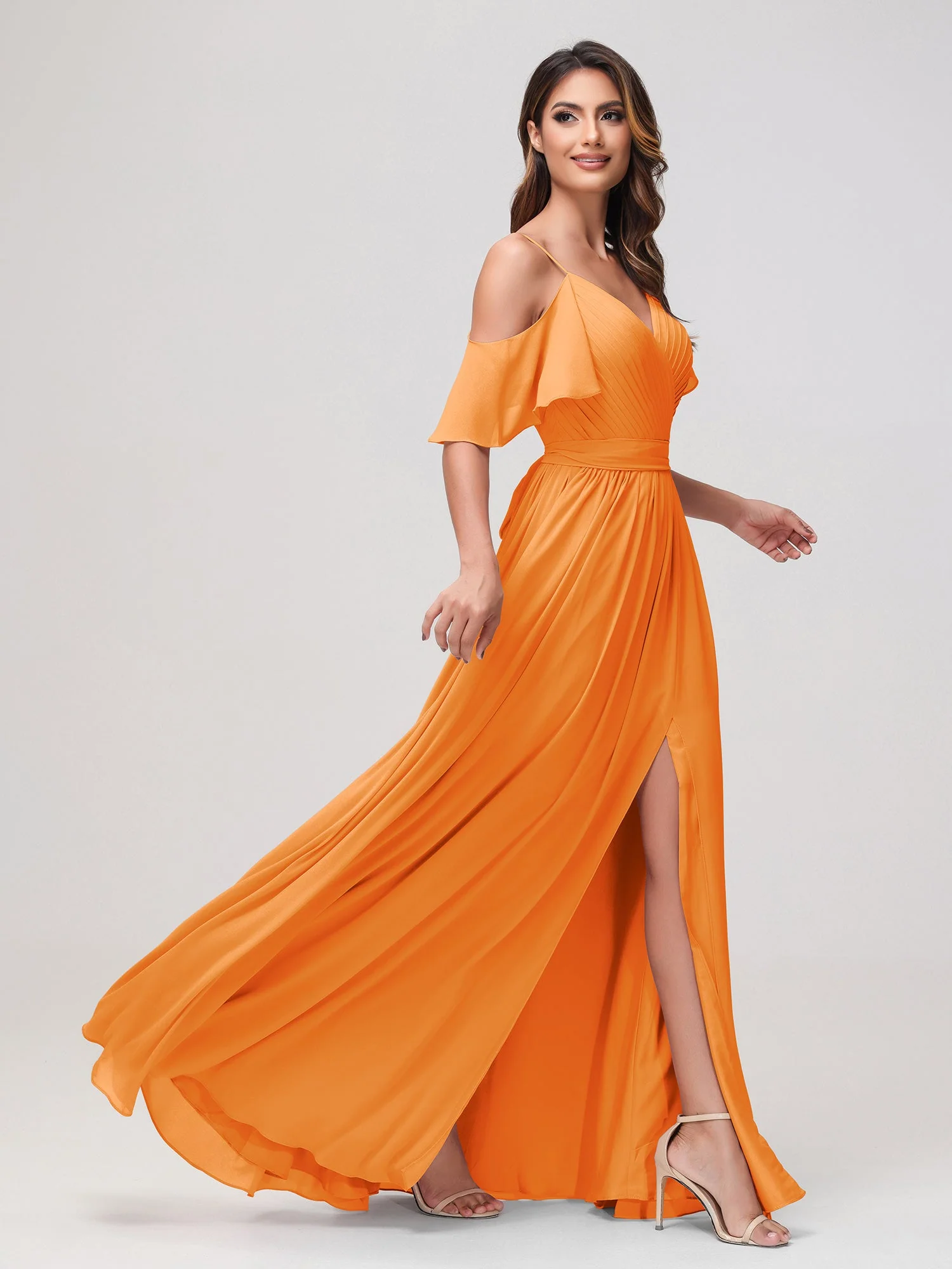 Schulterfrei A-Linie Rüschen Chiffon Kleid mit Schlitz Orange - Image 3