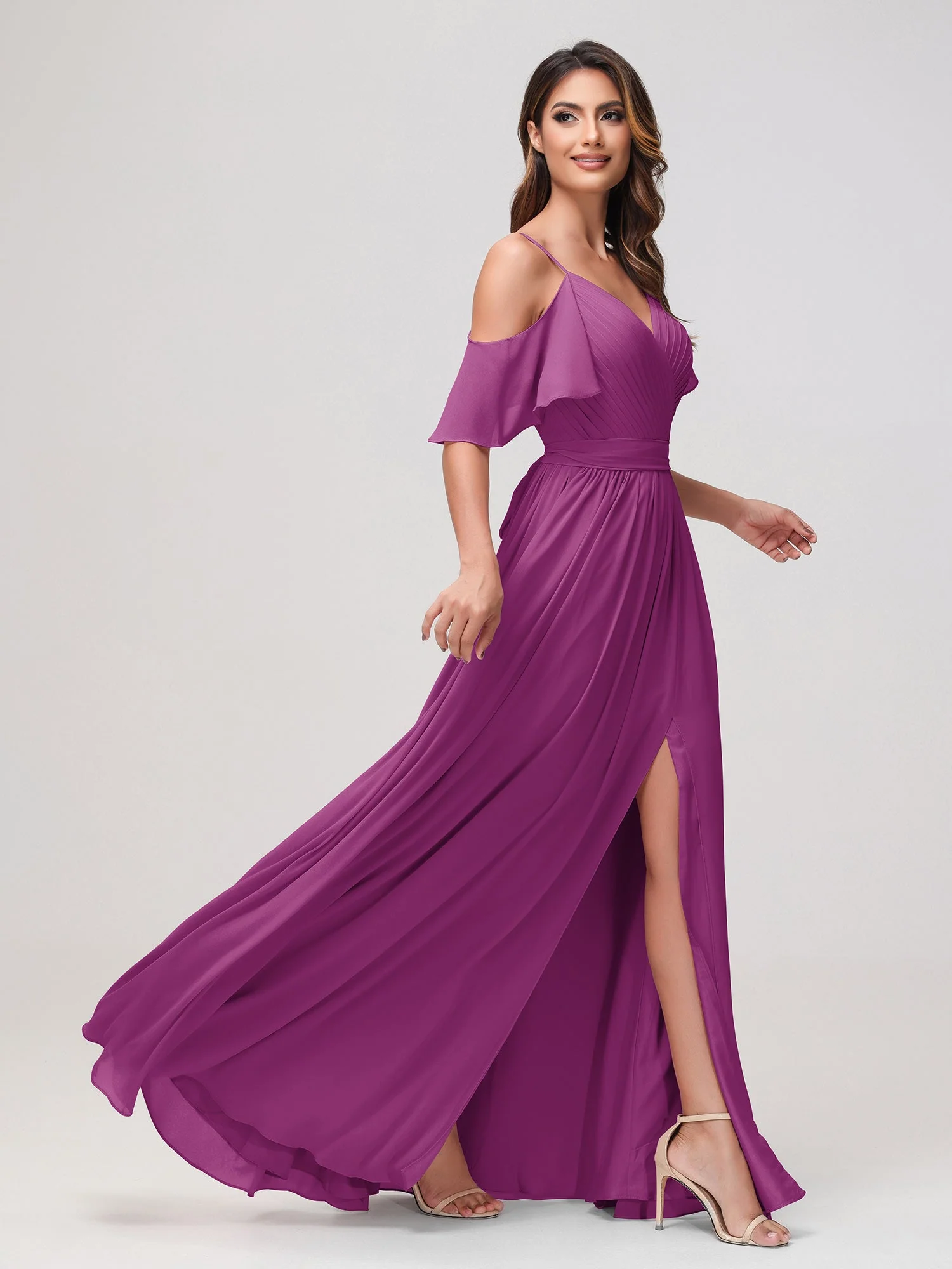 Schulterfrei A-Linie Rüschen Chiffon Kleid mit Schlitz Orchidee - Image 3