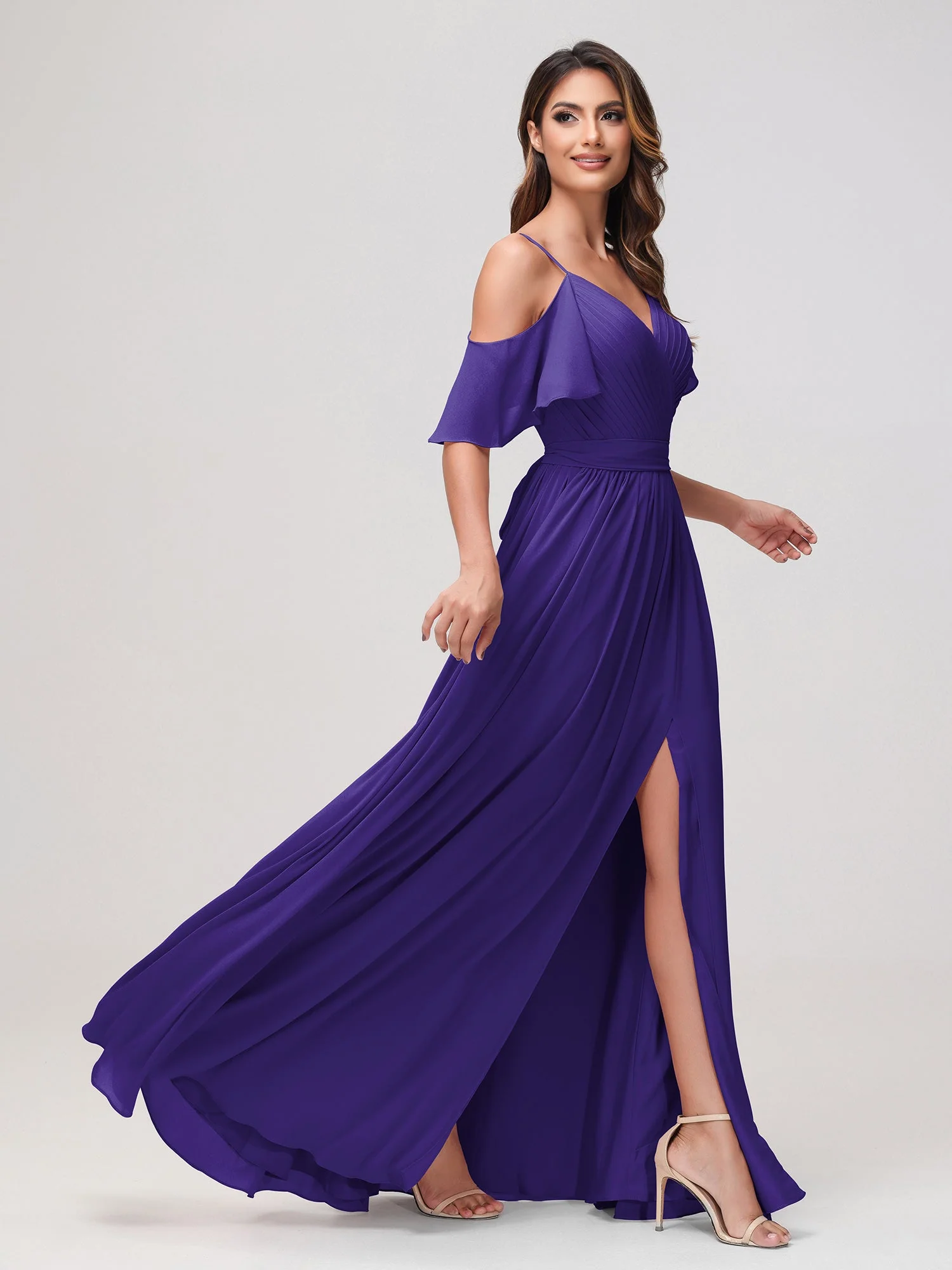 Schulterfrei A-Linie Rüschen Chiffon Kleid mit Schlitz Regentschaft - Image 3