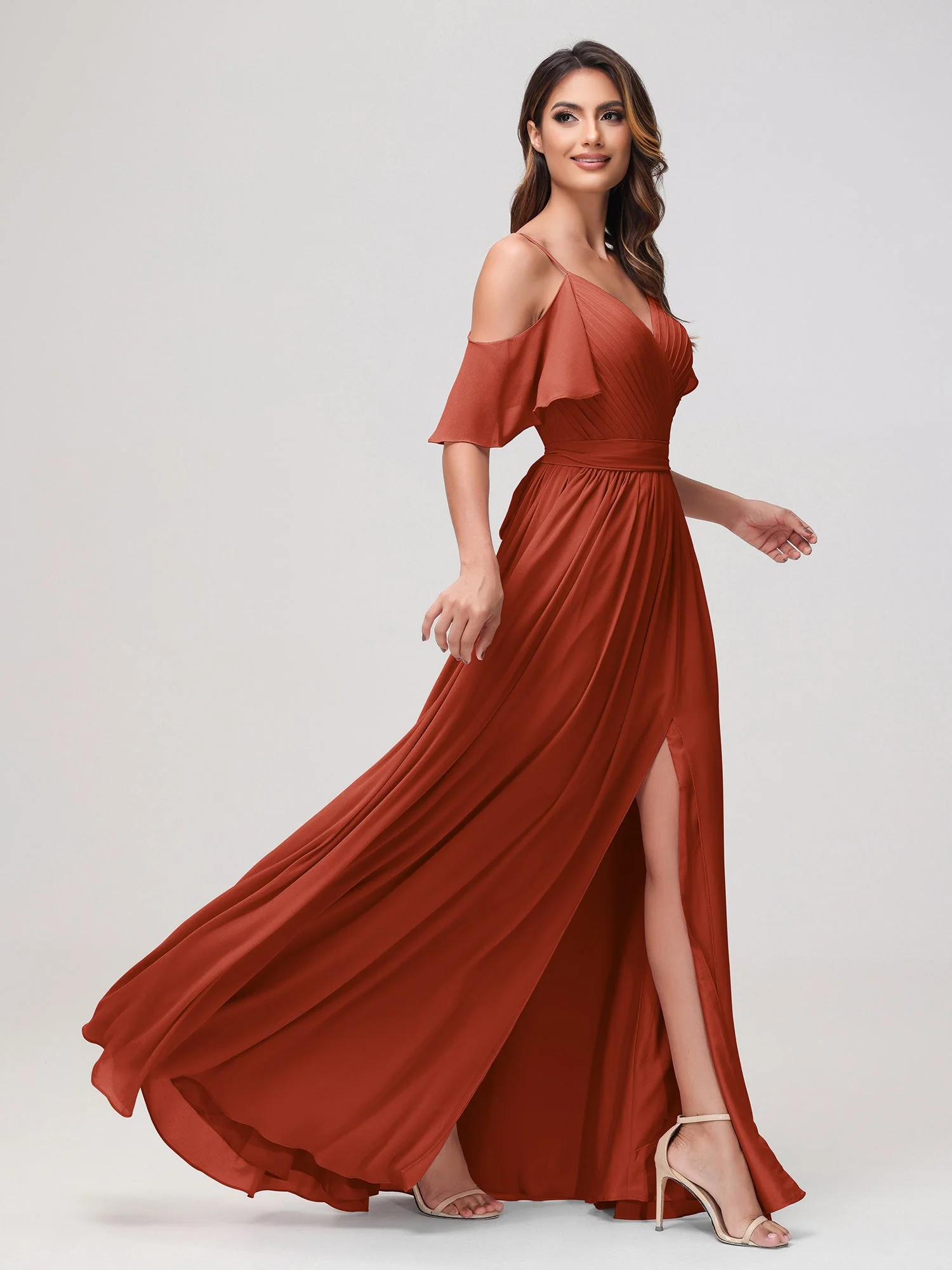 Schulterfrei A-Linie Rüschen Chiffon Kleid mit Schlitz Rost - Image 3