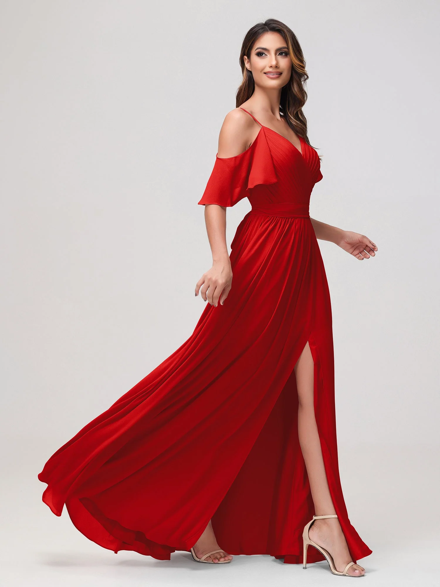 Schulterfrei A-Linie Rüschen Chiffon Kleid mit Schlitz Rot - Image 3