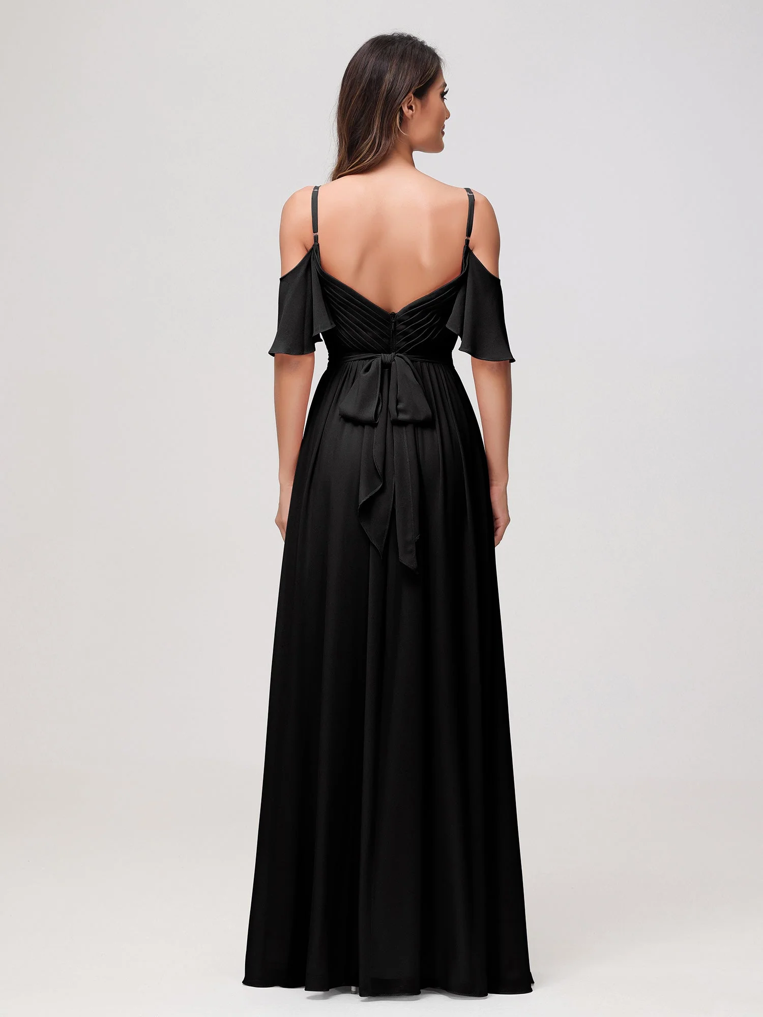 Schulterfrei A-Linie Rüschen Chiffon Kleid mit Schlitz Schwarz - Image 2