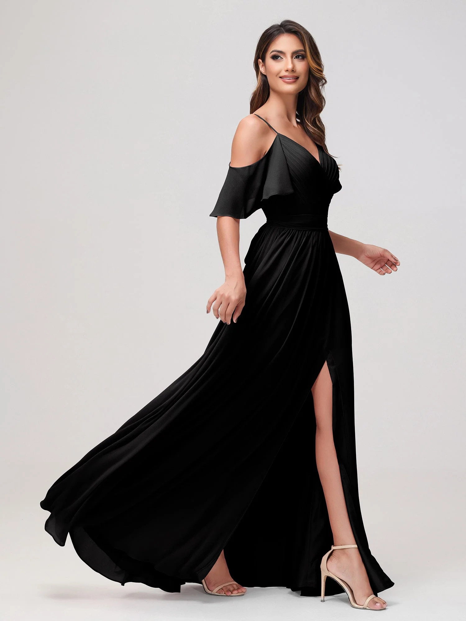 Schulterfrei A-Linie Rüschen Chiffon Kleid mit Schlitz Schwarz - Image 3