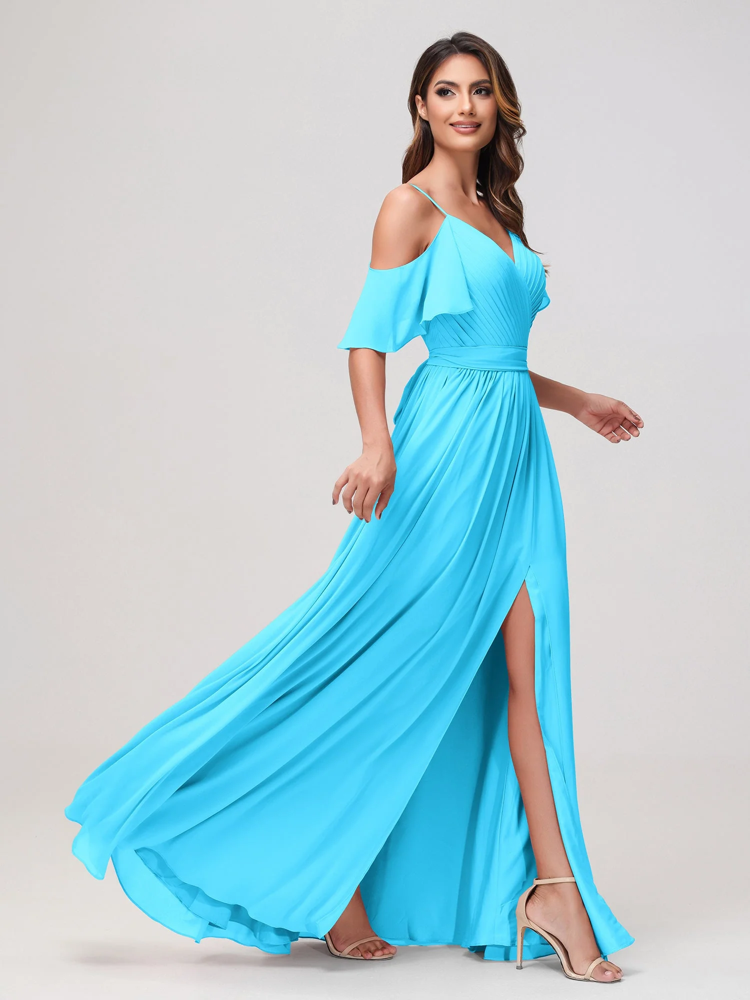 Schulterfrei A-Linie Rüschen Chiffon Kleid mit Schlitz Schwimmbadblau - Image 3