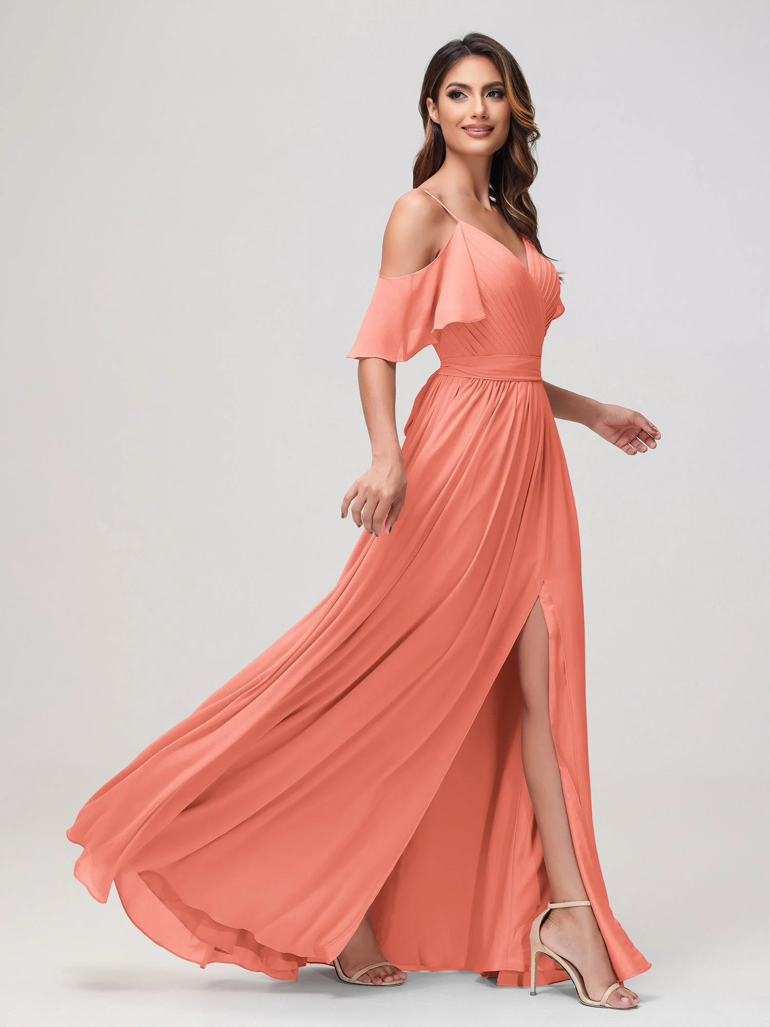 Schulterfrei A-Linie Rüschen Chiffon Kleid mit Schlitz Sonnenuntergang - Image 3