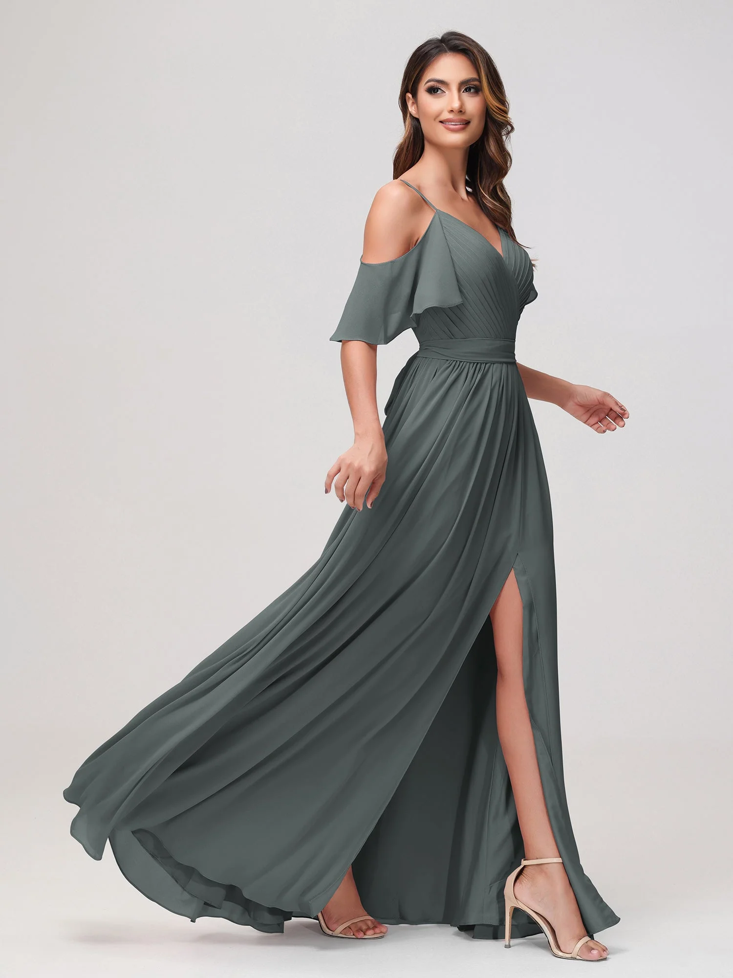Schulterfrei A-Linie Rüschen Chiffon Kleid mit Schlitz Stahlgrau - Image 3