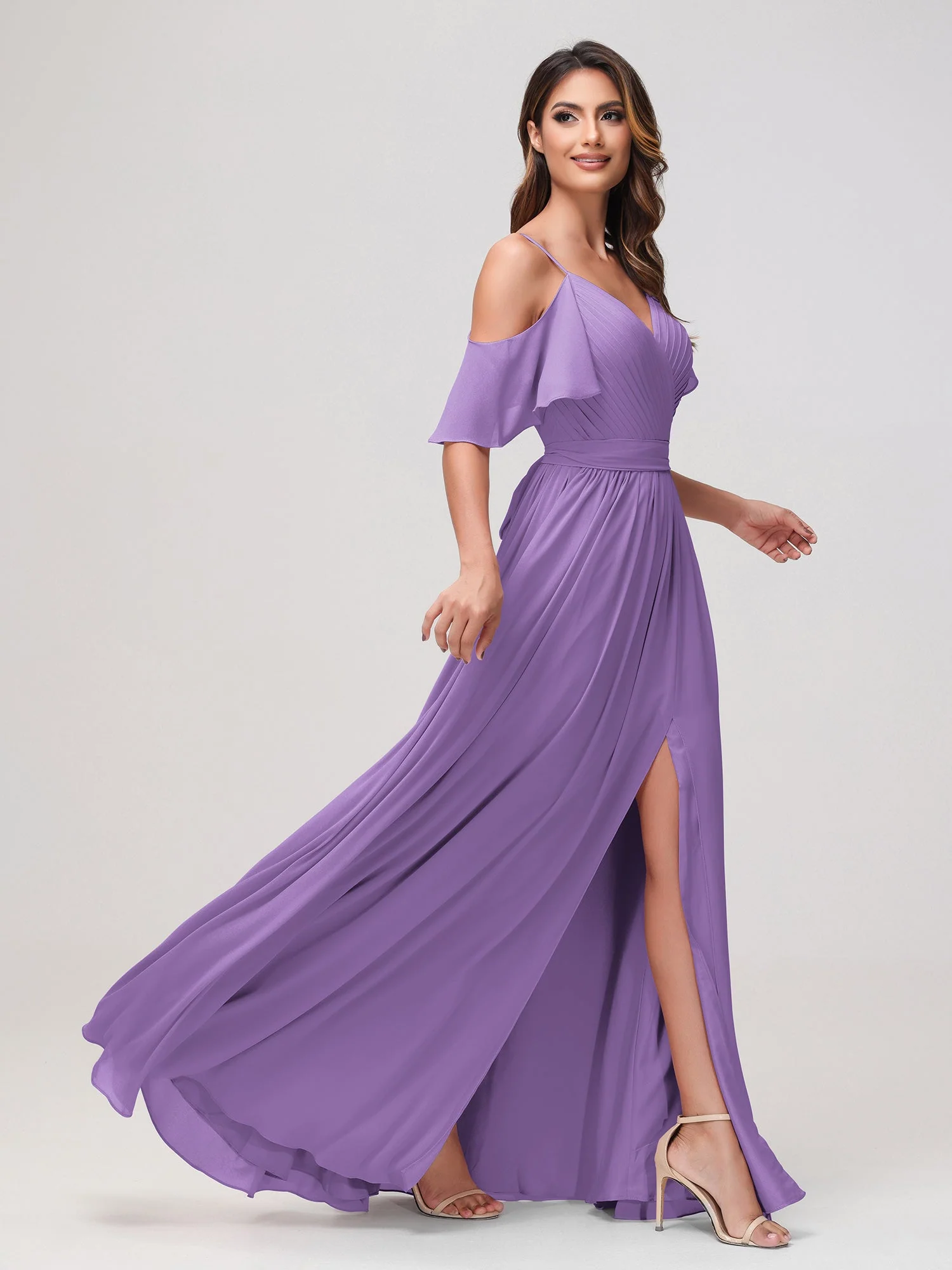 Schulterfrei A-Linie Rüschen Chiffon Kleid mit Schlitz Tahiti - Image 3