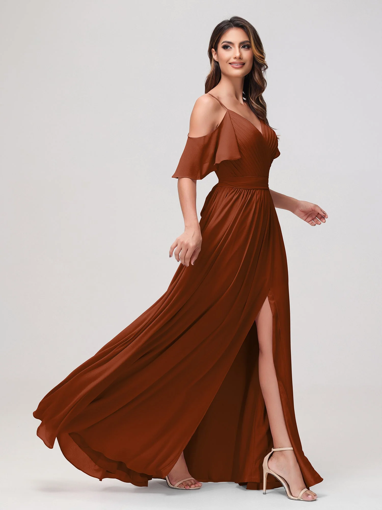 Schulterfrei A-Linie Rüschen Chiffon Kleid mit Schlitz Terrakotta - Image 3