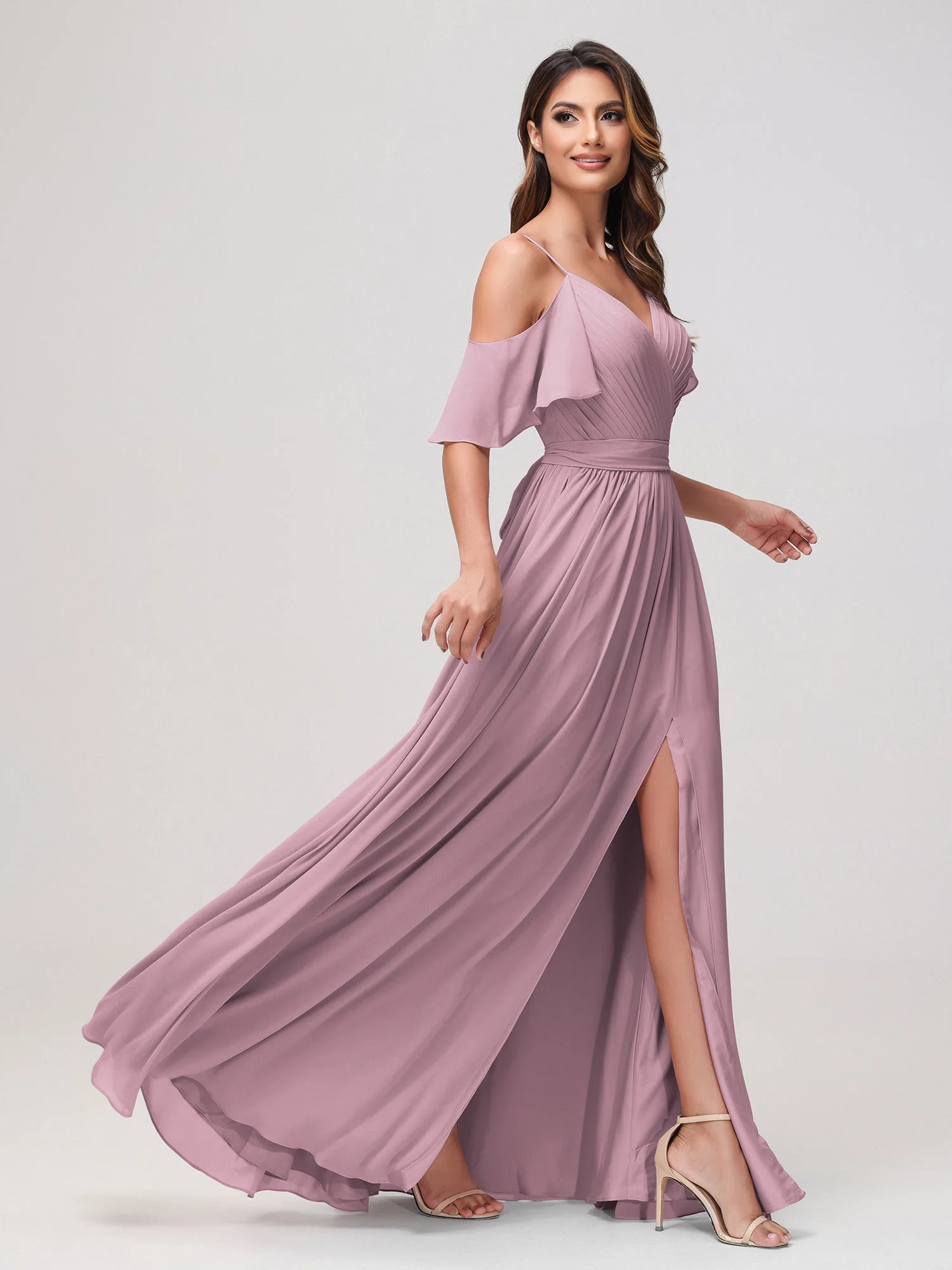 Schulterfrei A-Linie Rüschen Chiffon Kleid mit Schlitz Vintage Mauve - Image 3