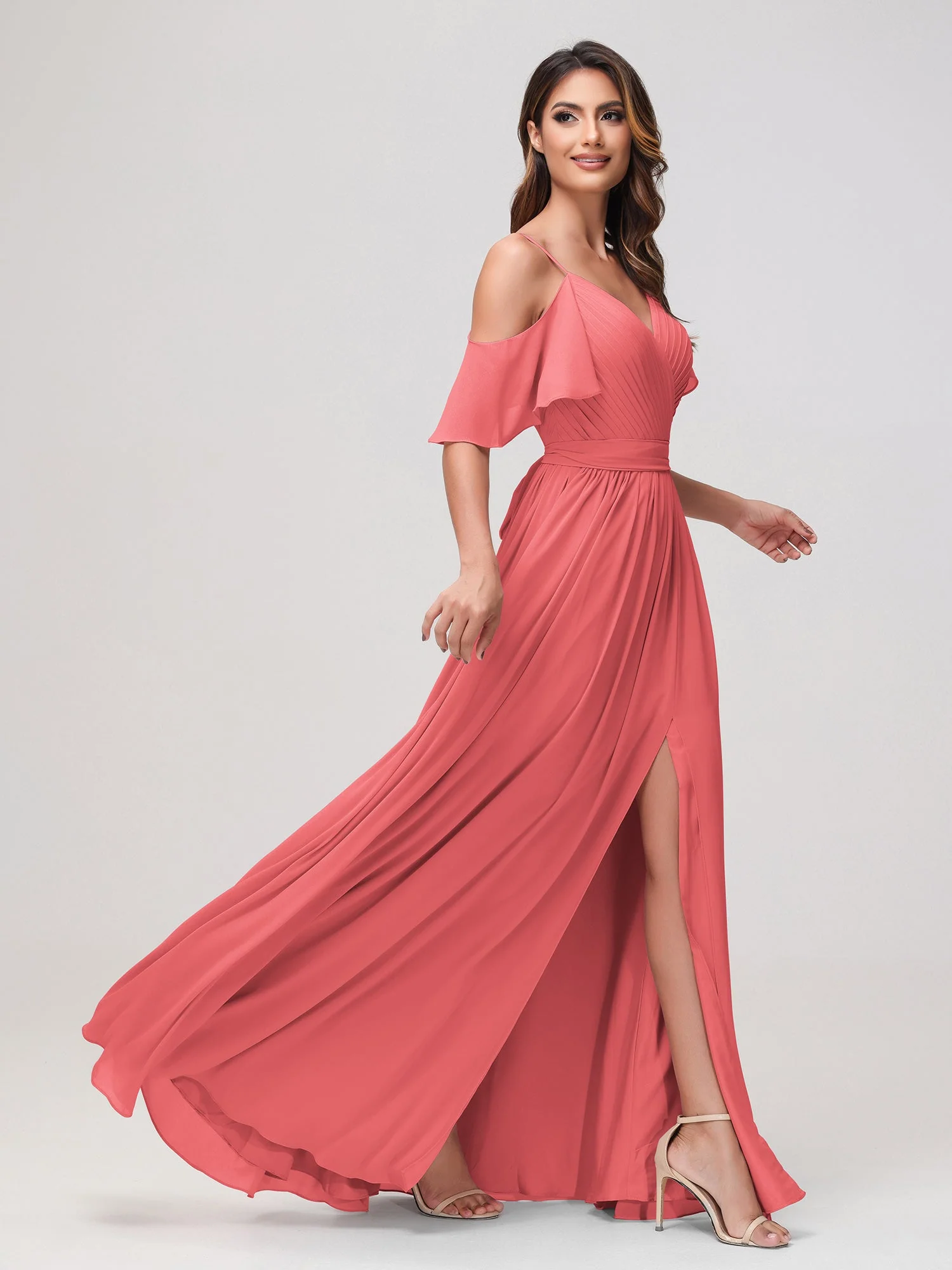 Schulterfrei A-Linie Rüschen Chiffon Kleid mit Schlitz Wassermelone - Image 3