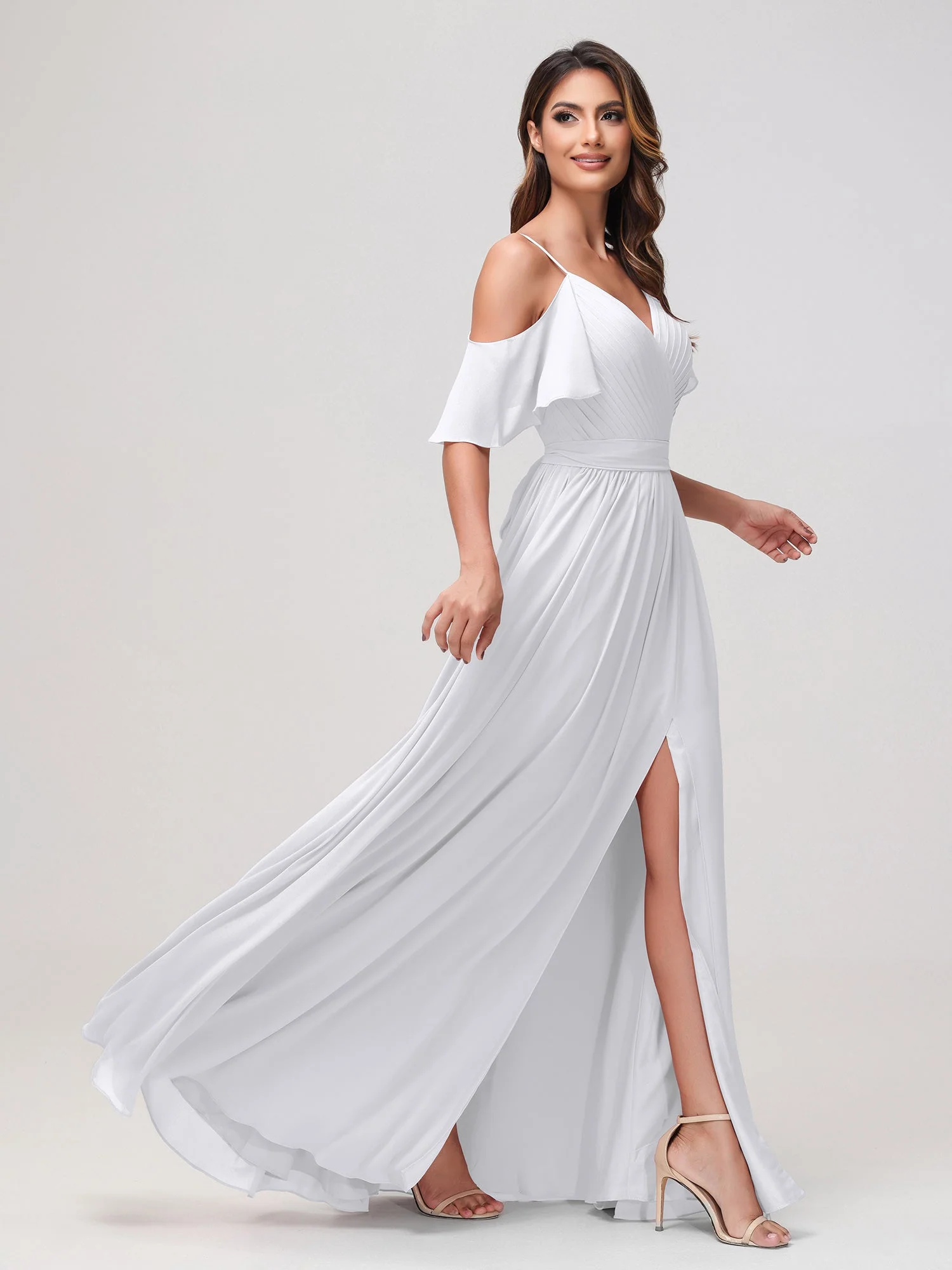 Schulterfrei A-Linie Rüschen Chiffon Kleid mit Schlitz Weiß - Image 3