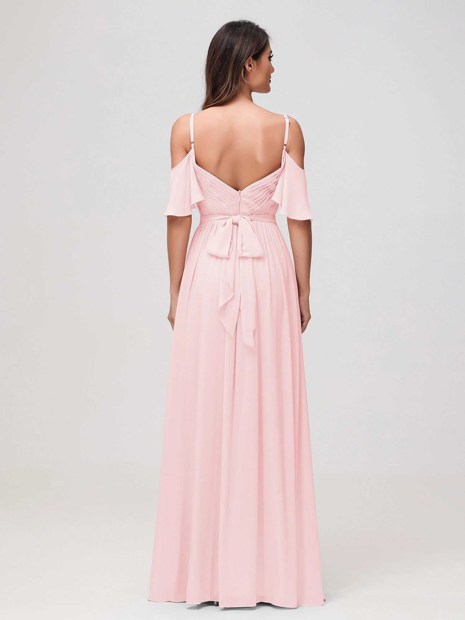 Schulterfrei A-Linie Rüschen Chiffon Kleid mit Schlitz Zartrosa - Image 2