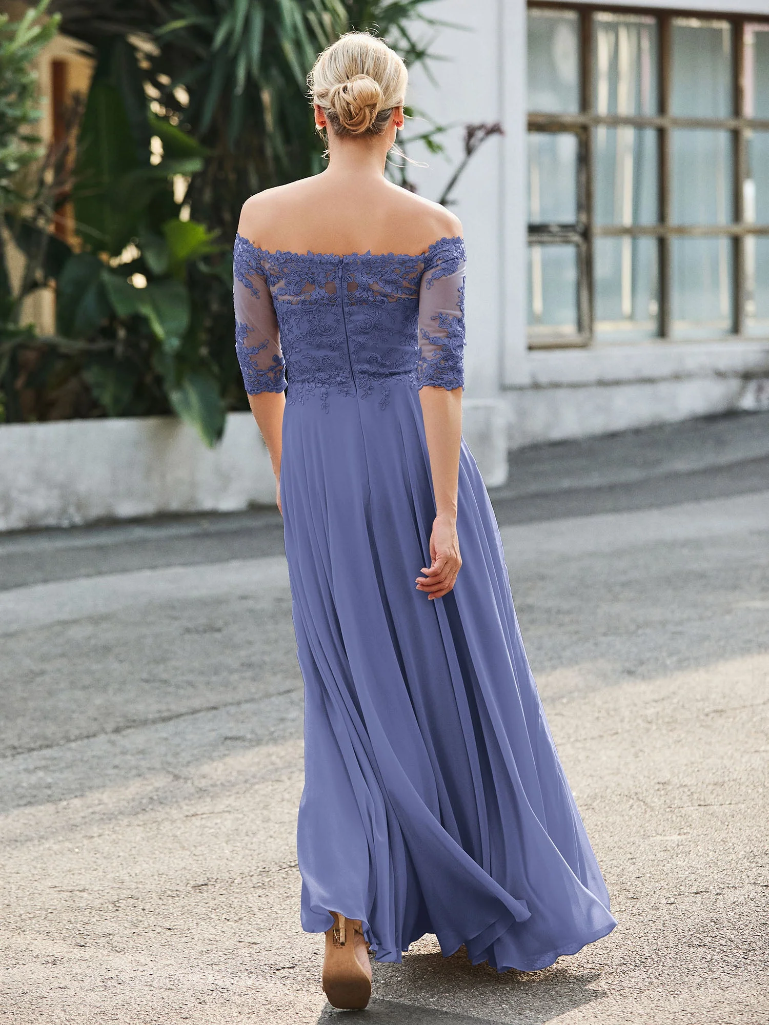 Schulterfrei Applikationen Halbarm Kleid Periwinkleblau - Image 2