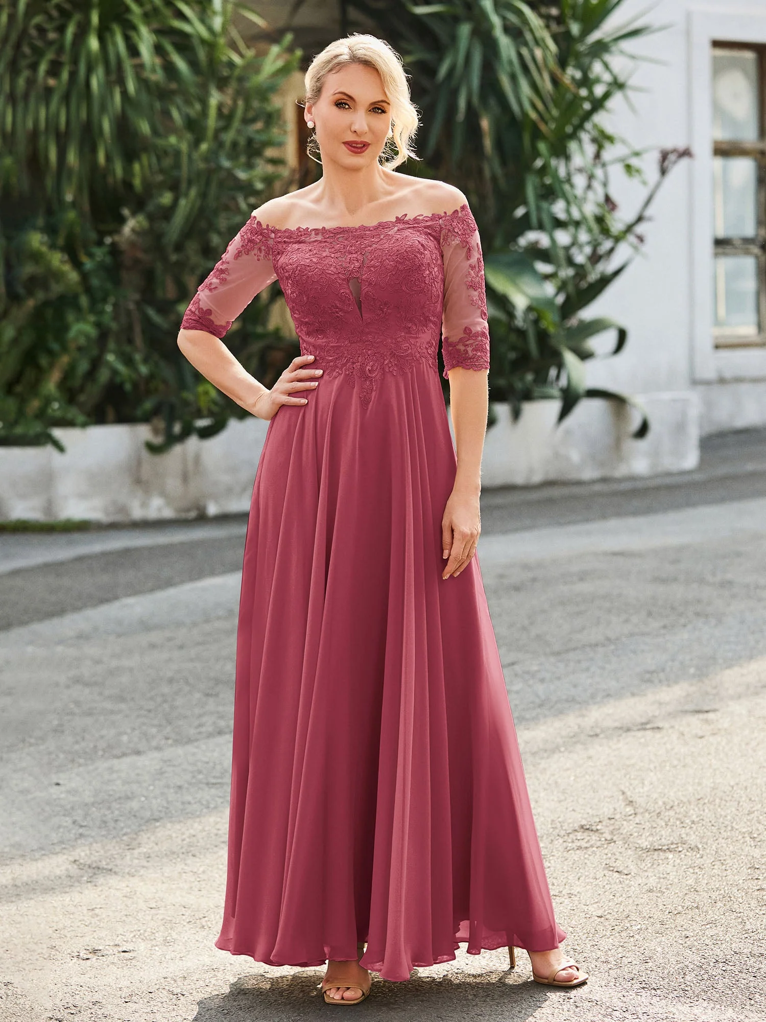 Schulterfrei Applikationen Halbarm Kleid Zimtrose