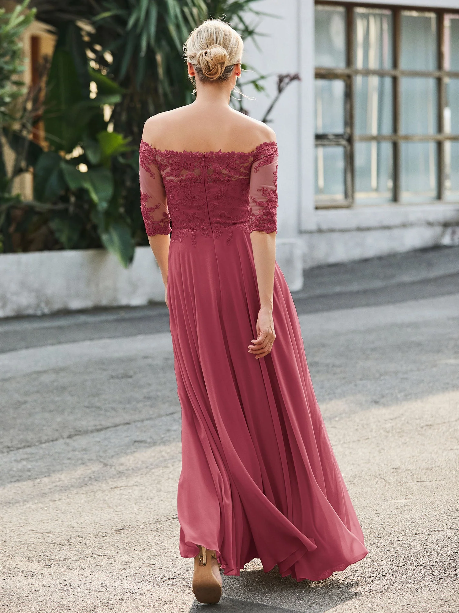 Schulterfrei Applikationen Halbarm Kleid Zimtrose - Image 2