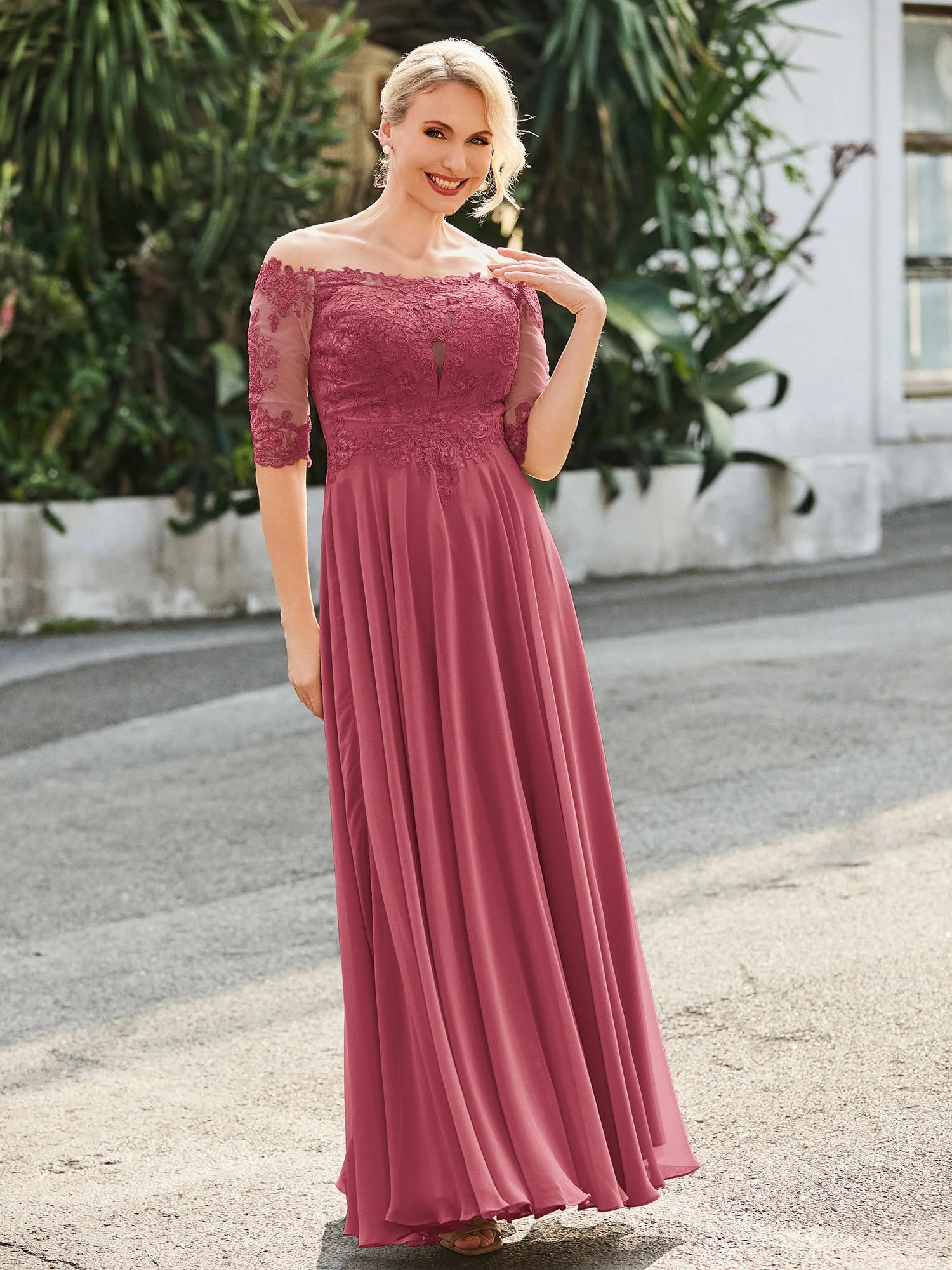 Schulterfrei Applikationen Halbarm Kleid Zimtrose - Image 3
