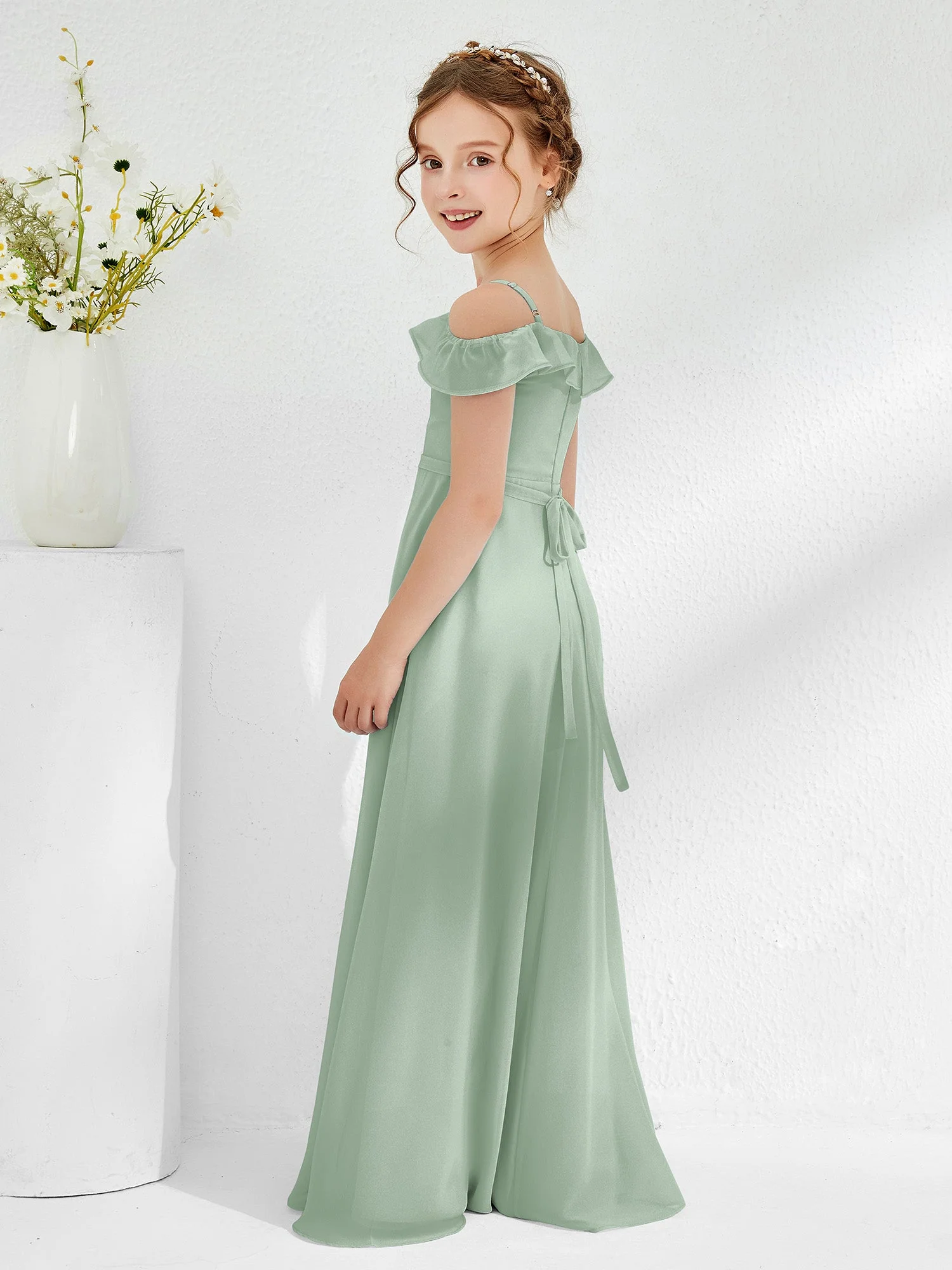 Schulterfrei Chiffon A-Linie Junge Brautjungfernkleider Agavengrün - Image 2