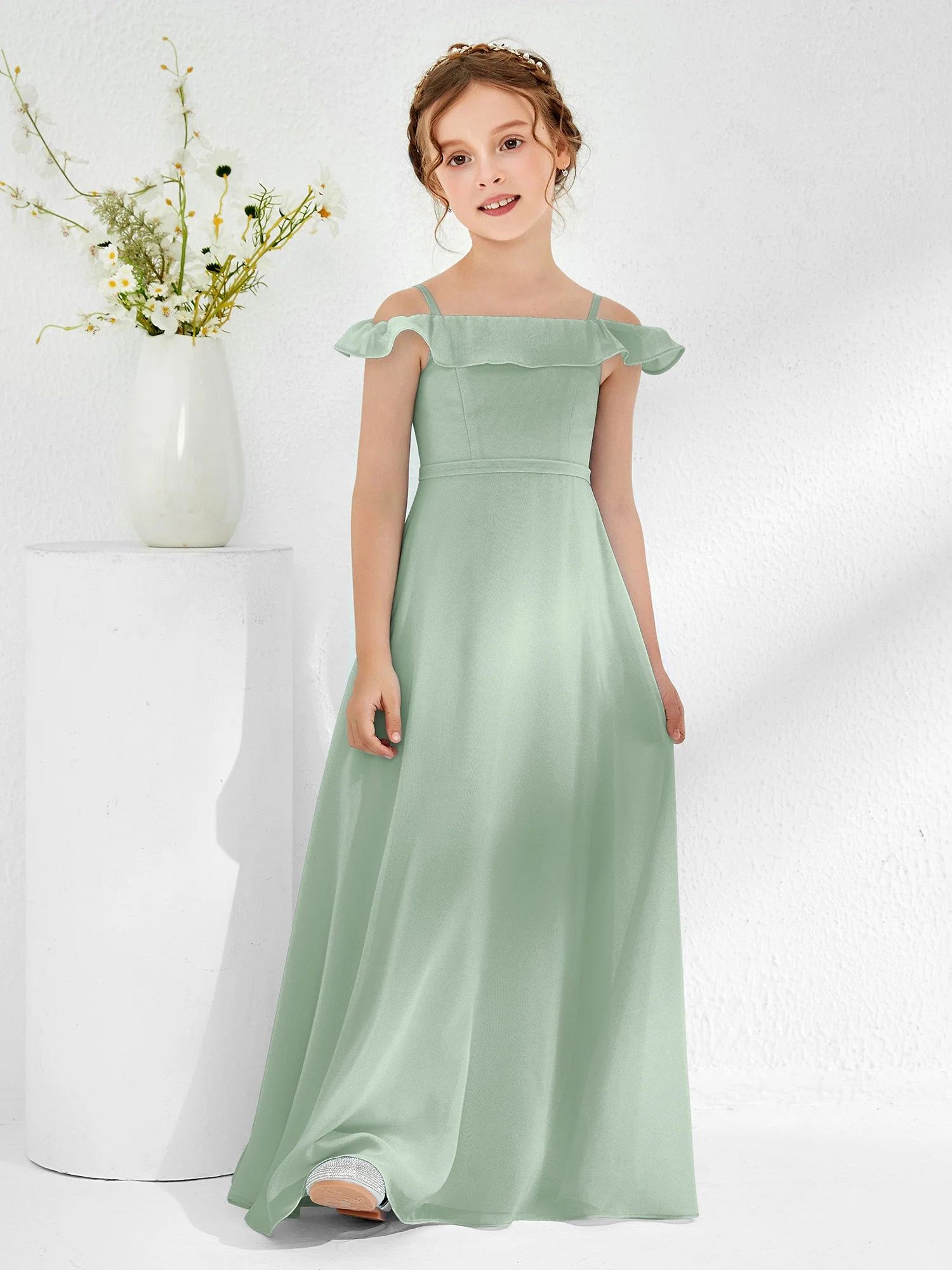 Schulterfrei Chiffon A-Linie Junge Brautjungfernkleider Agavengrün - Image 3