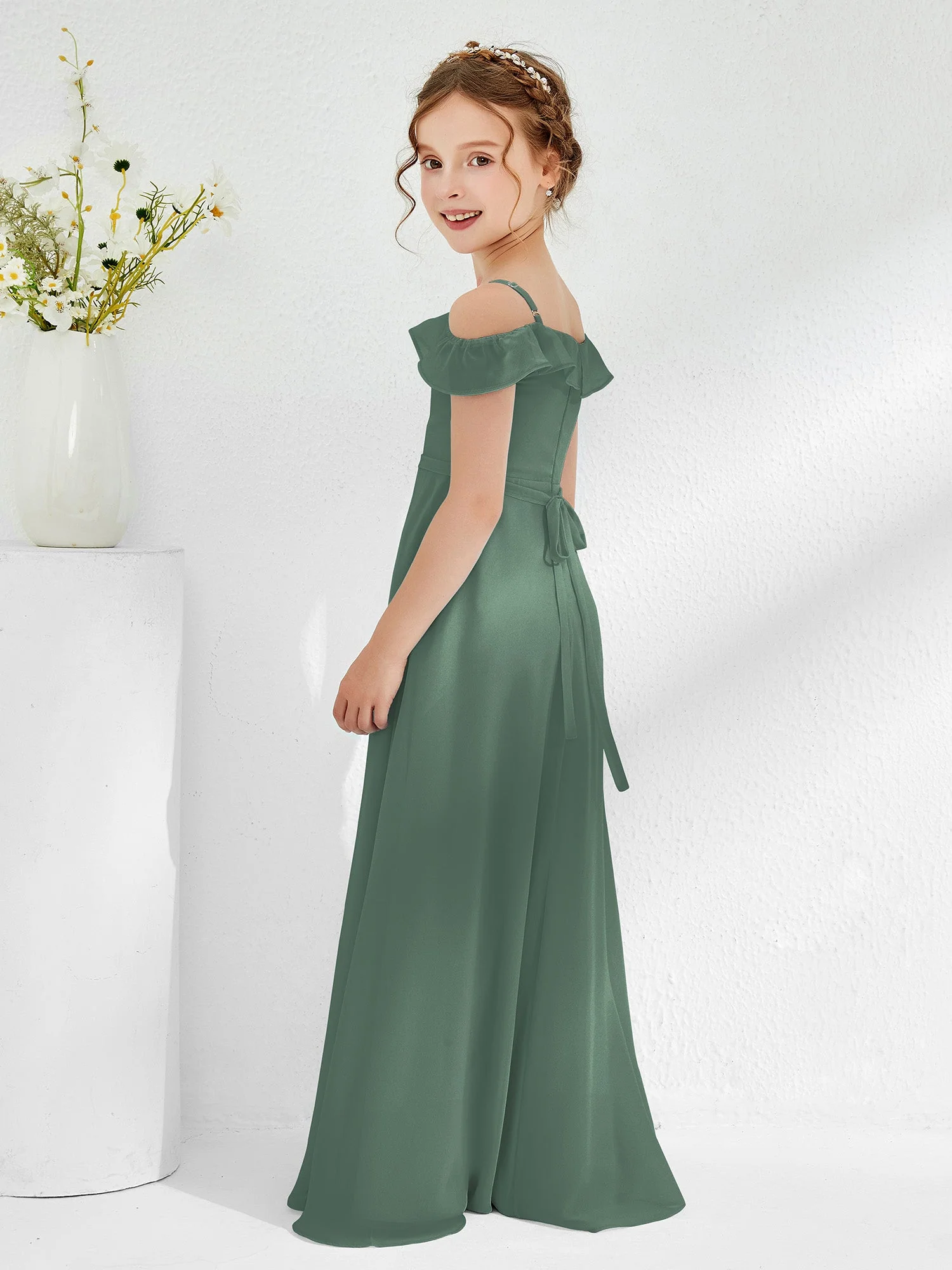 Schulterfrei Chiffon A-Linie Junge Brautjungfernkleider Eukalyptus - Image 2