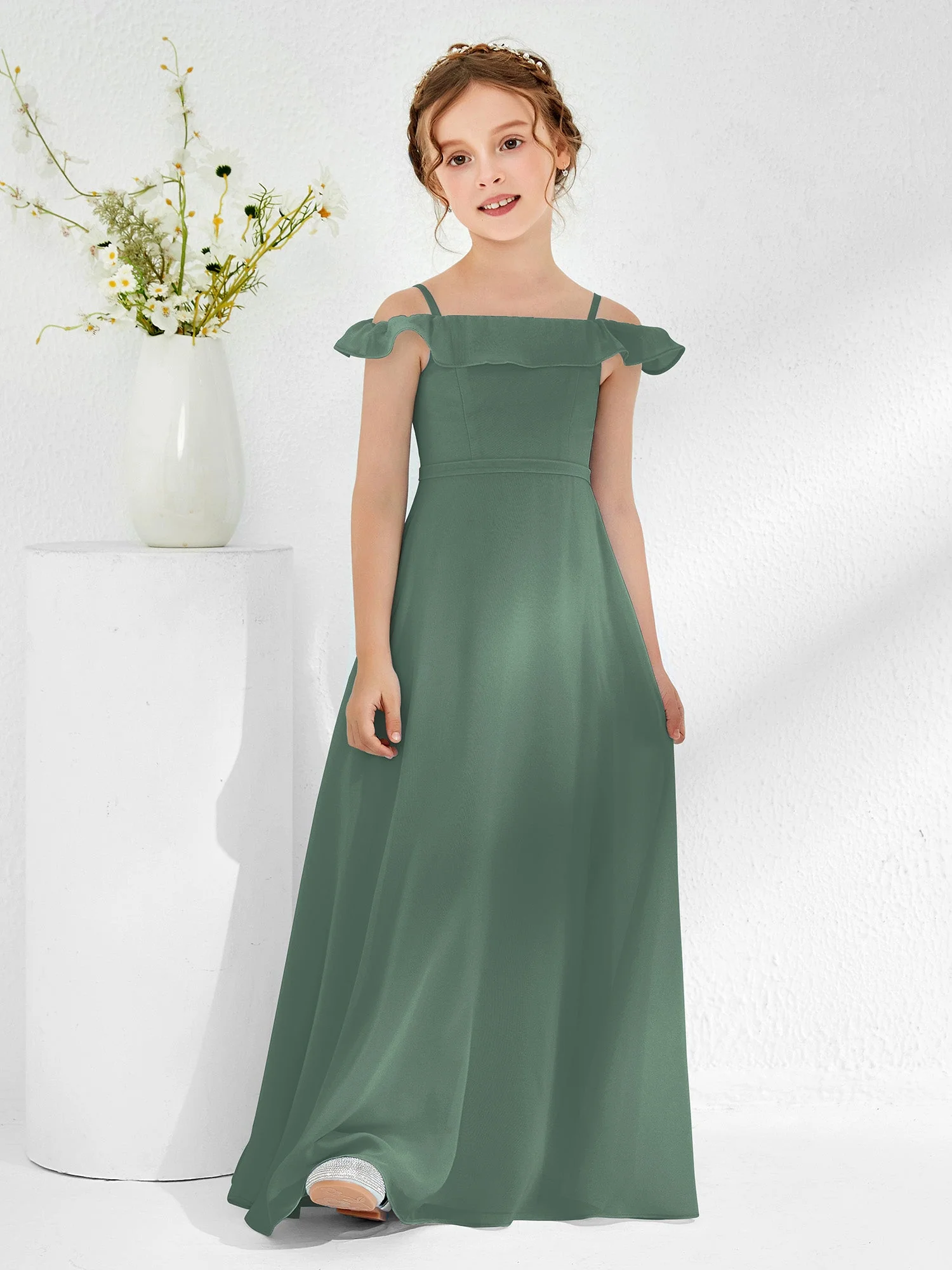 Schulterfrei Chiffon A-Linie Junge Brautjungfernkleider Eukalyptus - Image 3