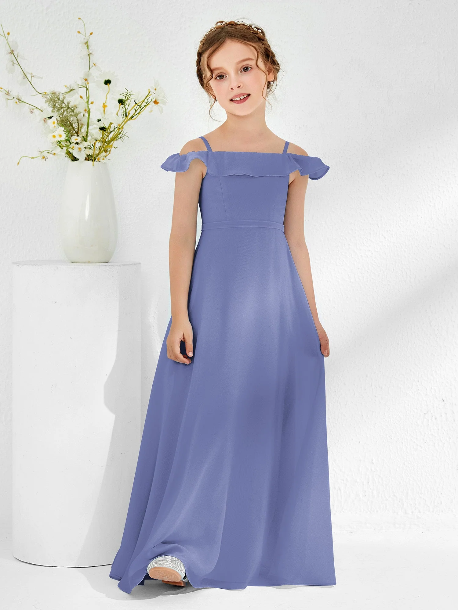 Schulterfrei Chiffon A-Linie Junge Brautjungfernkleider Periwinkleblau - Image 3