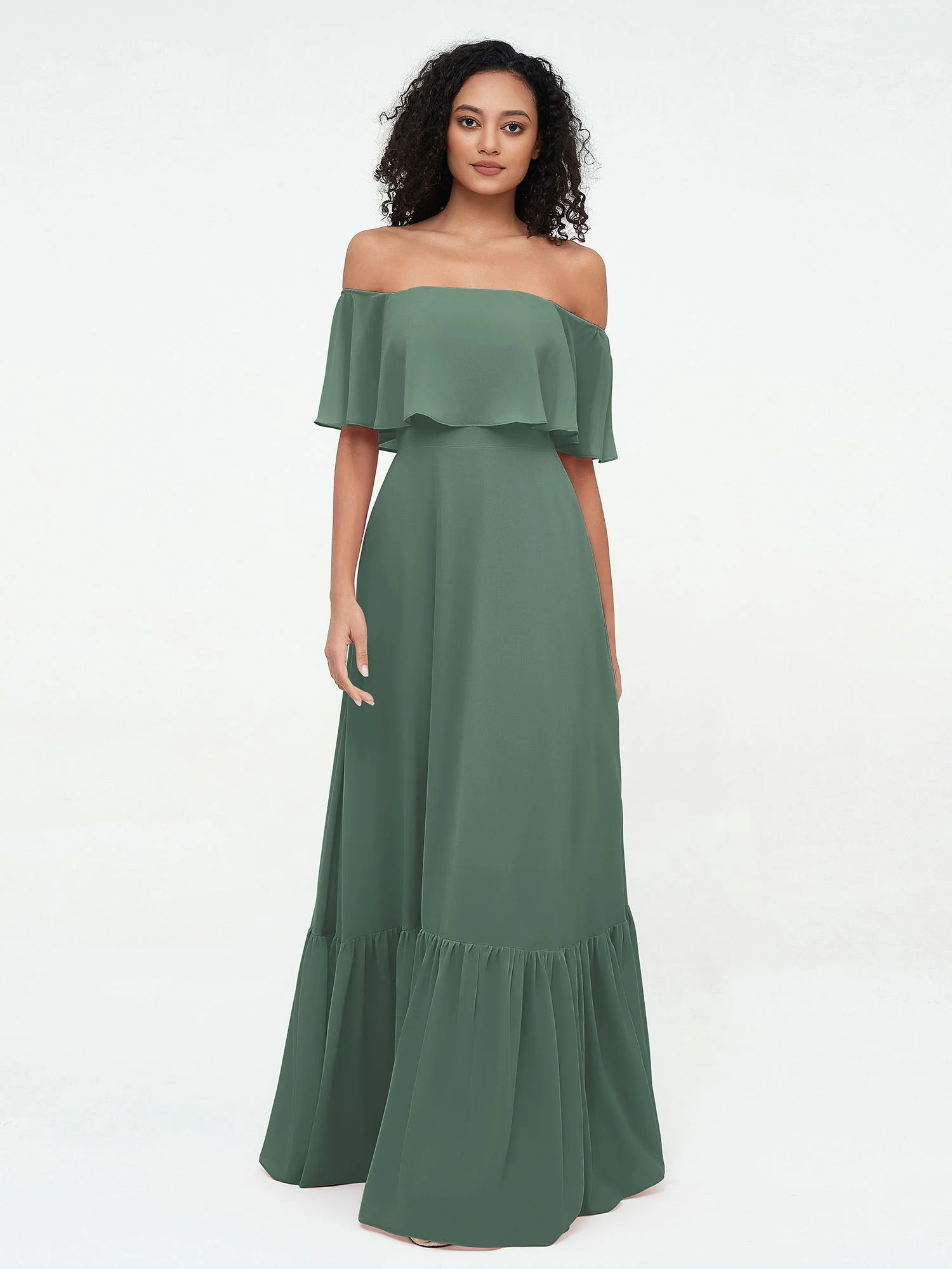 Schulterfrei Chiffon Stufenrock Maxi Kleider Eukalyptus