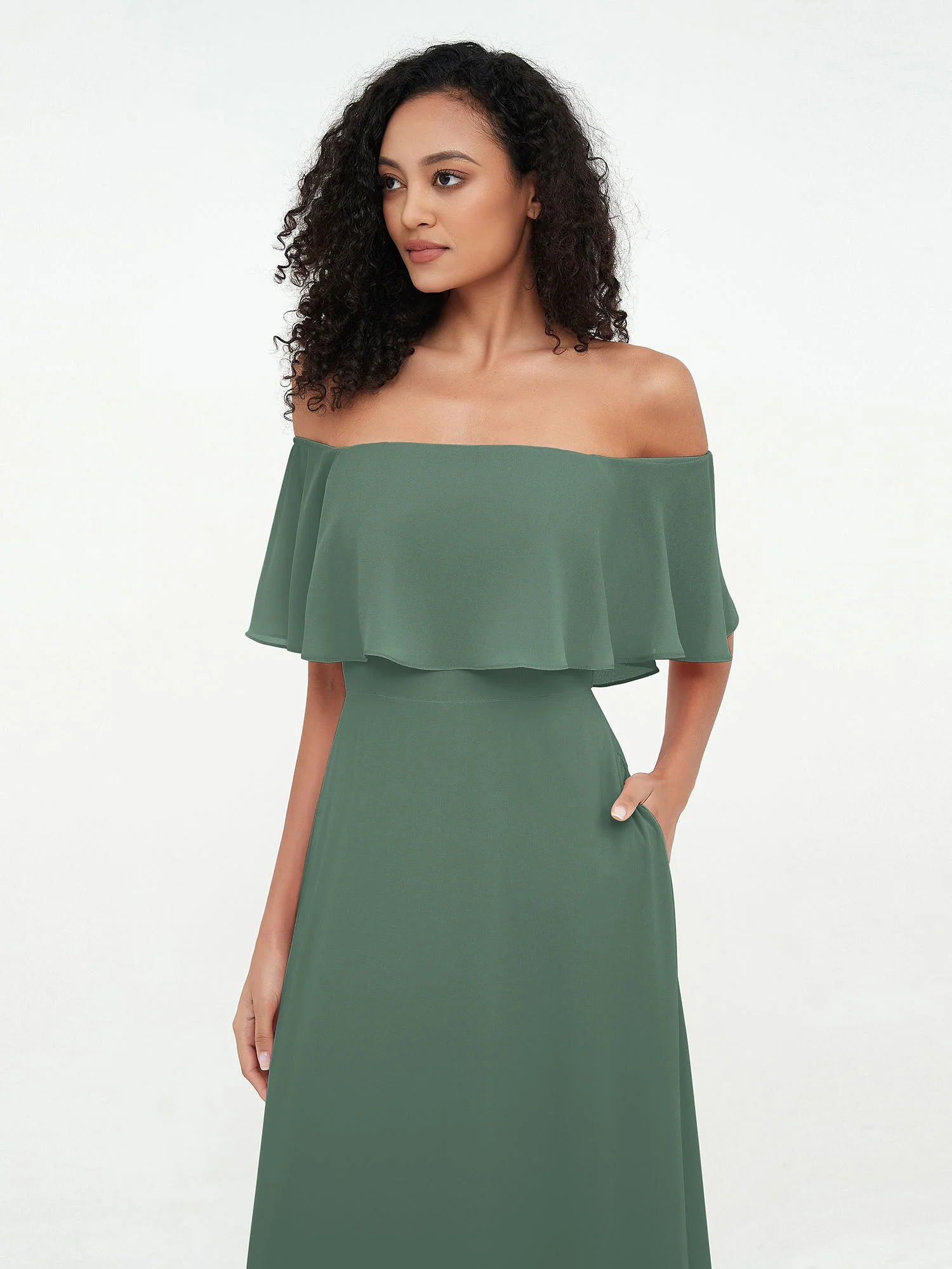 Schulterfrei Chiffon Stufenrock Maxi Kleider Eukalyptus - Image 5