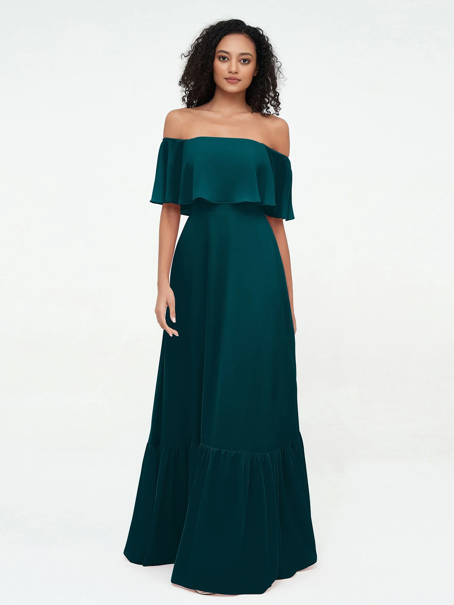 Schulterfrei Chiffon Stufenrock Maxi Kleider Kieferngrün