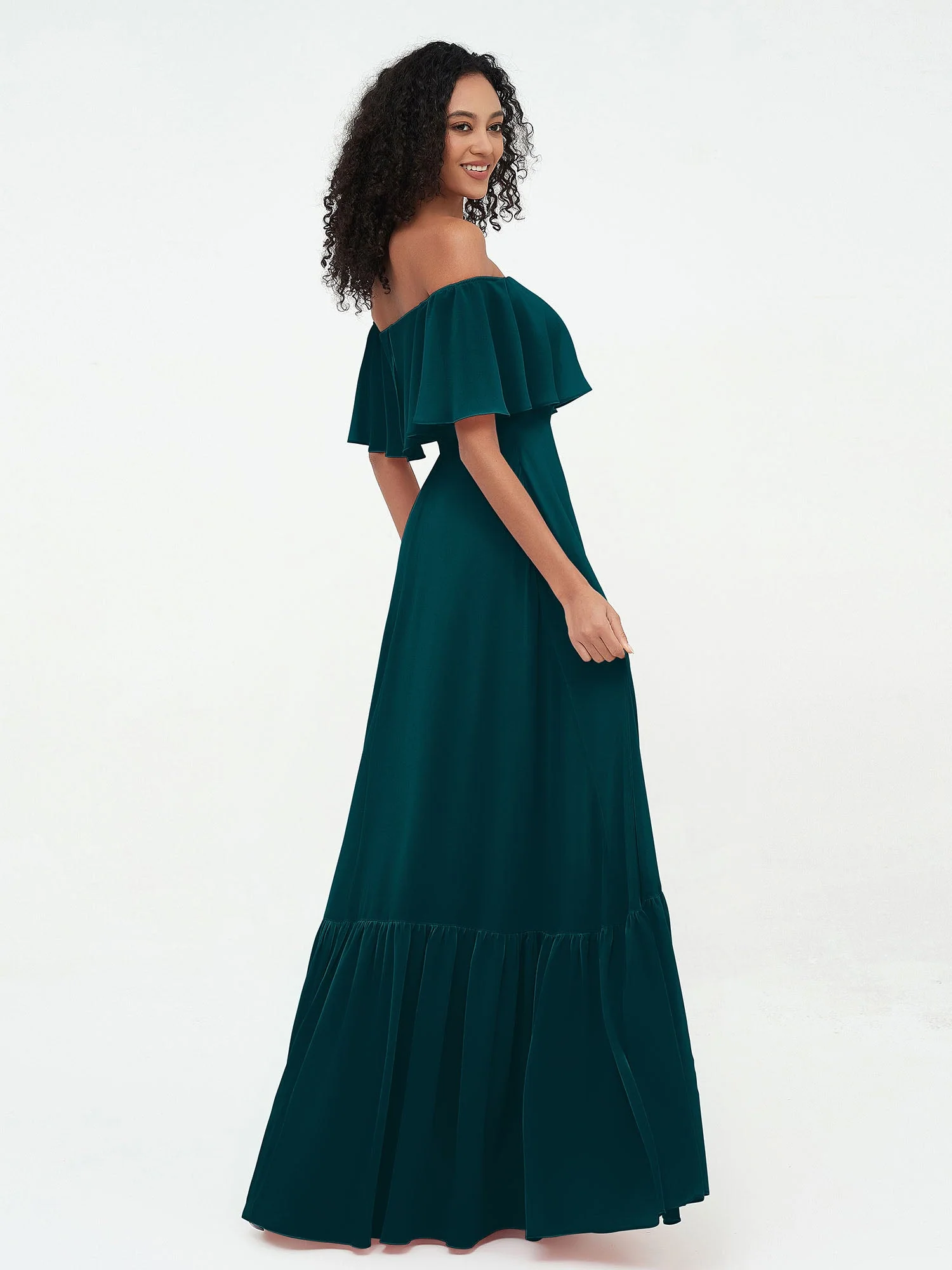 Schulterfrei Chiffon Stufenrock Maxi Kleider Kieferngrün - Image 3