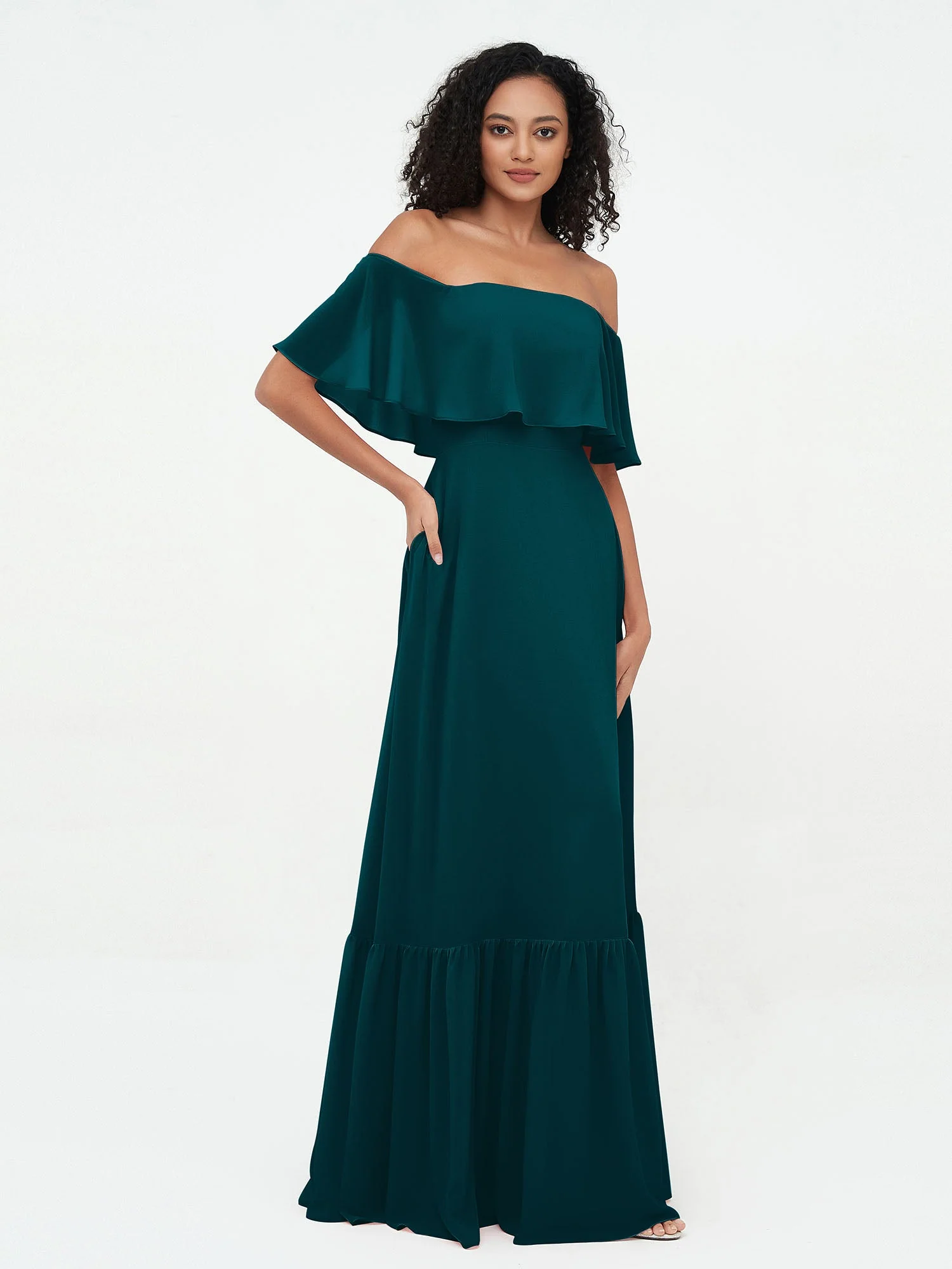 Schulterfrei Chiffon Stufenrock Maxi Kleider Kieferngrün - Image 4