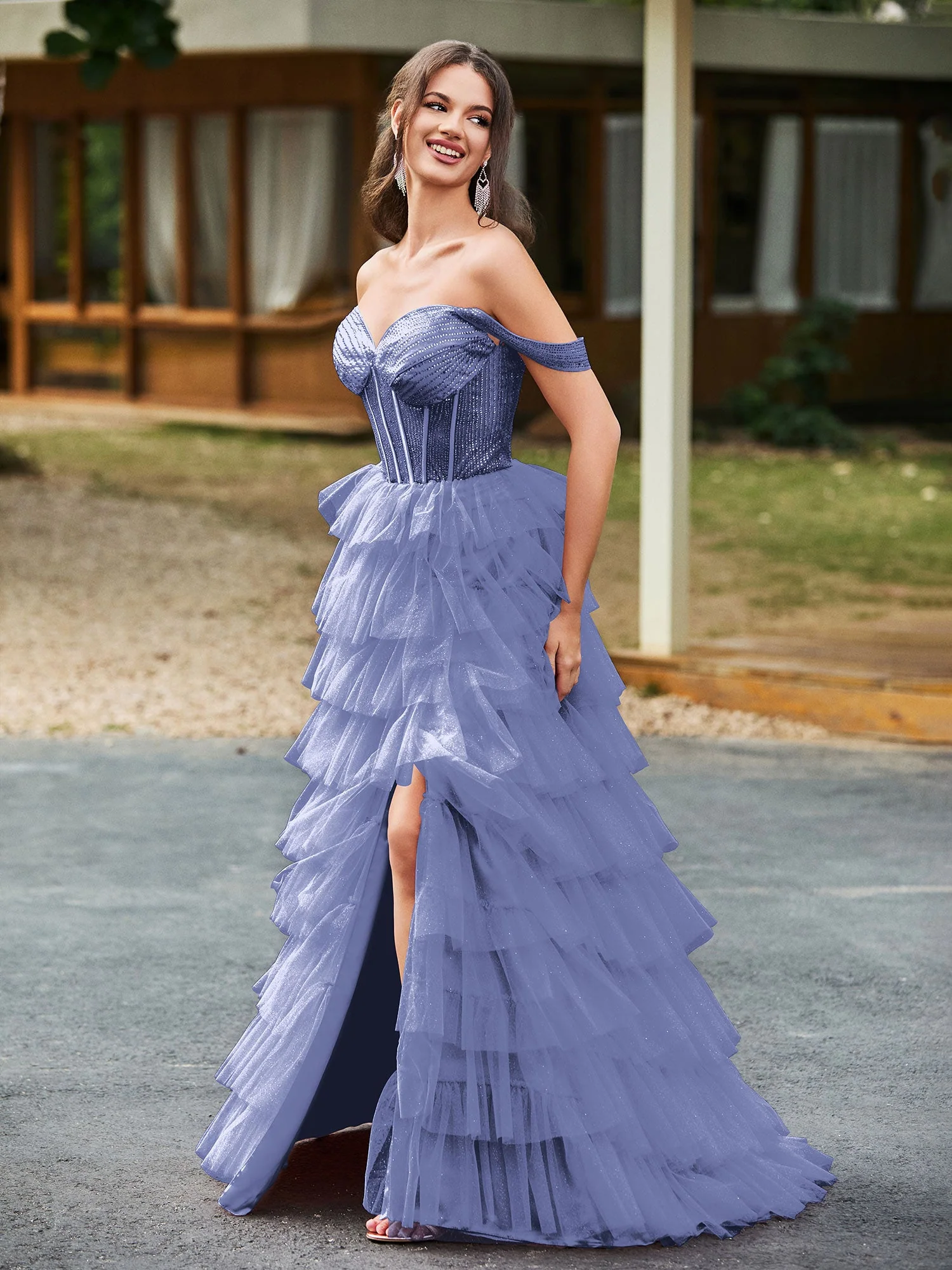 Schulterfrei Diamantmuster Korsett-Oberteil Maxi Kleid Periwinkleblau - Image 3
