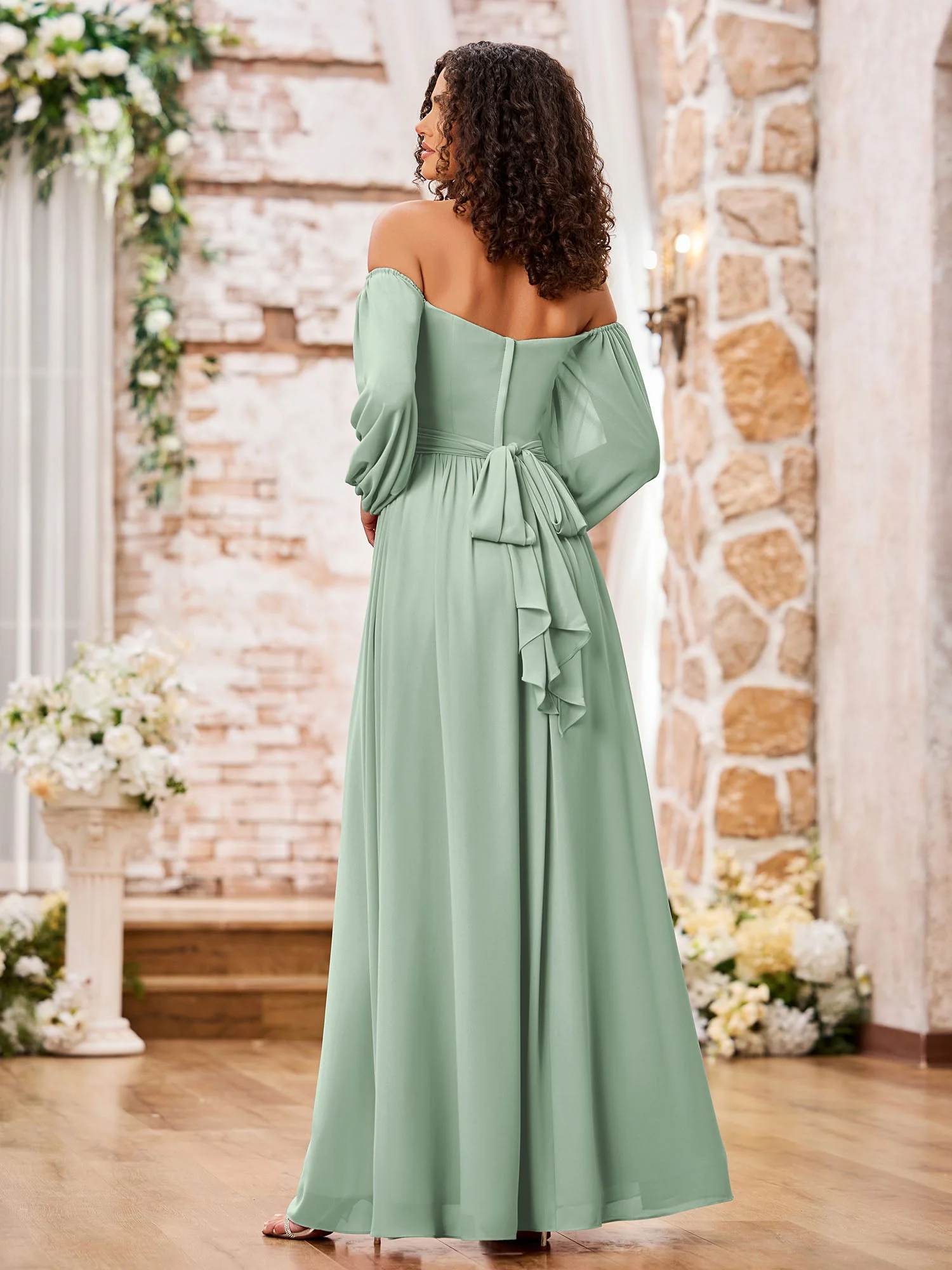 Schulterfrei Langarm Chiffon Kleider mit Schlitz Agavengrün - Image 2