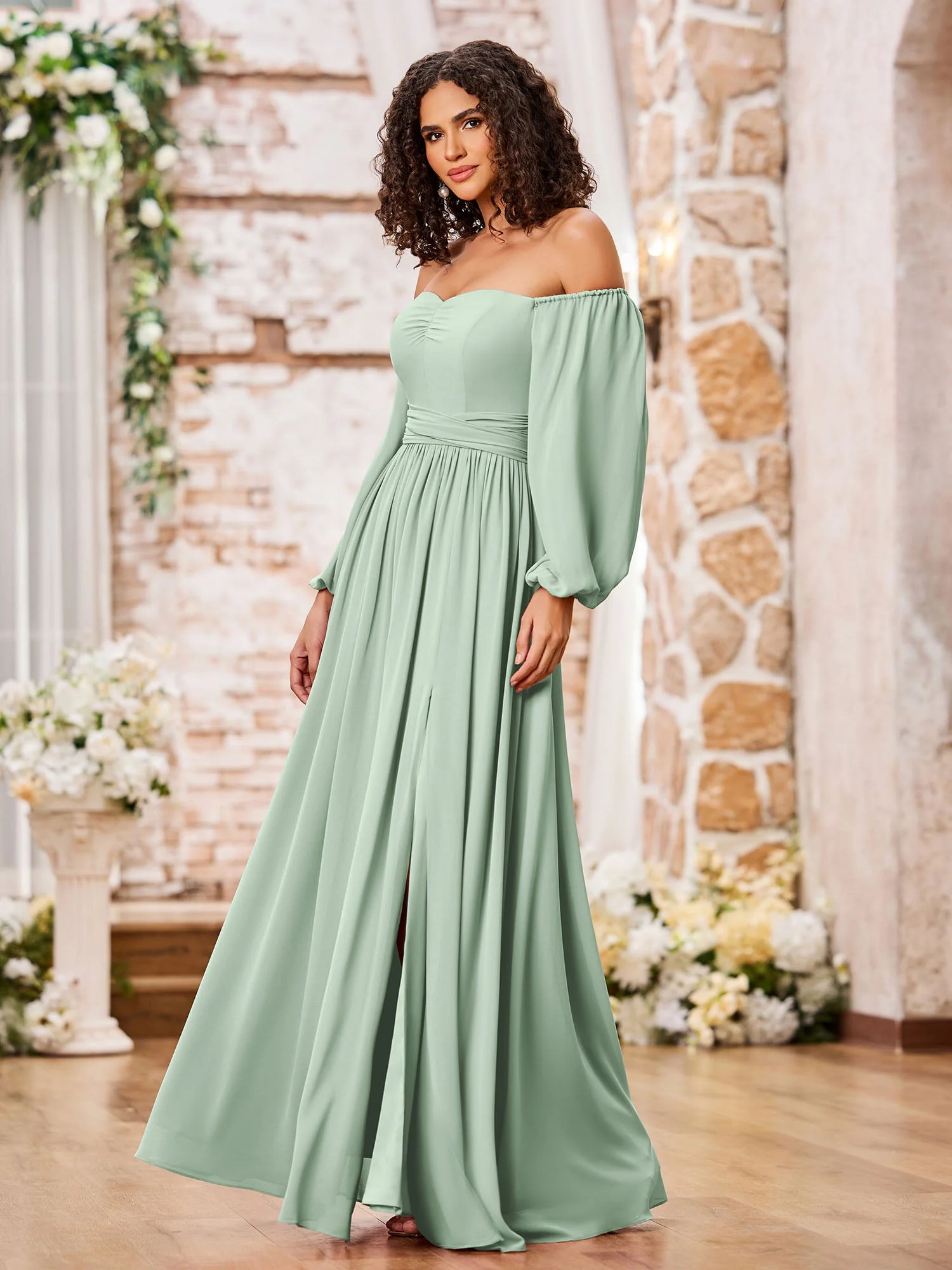 Schulterfrei Langarm Chiffon Kleider mit Schlitz Agavengrün - Image 3