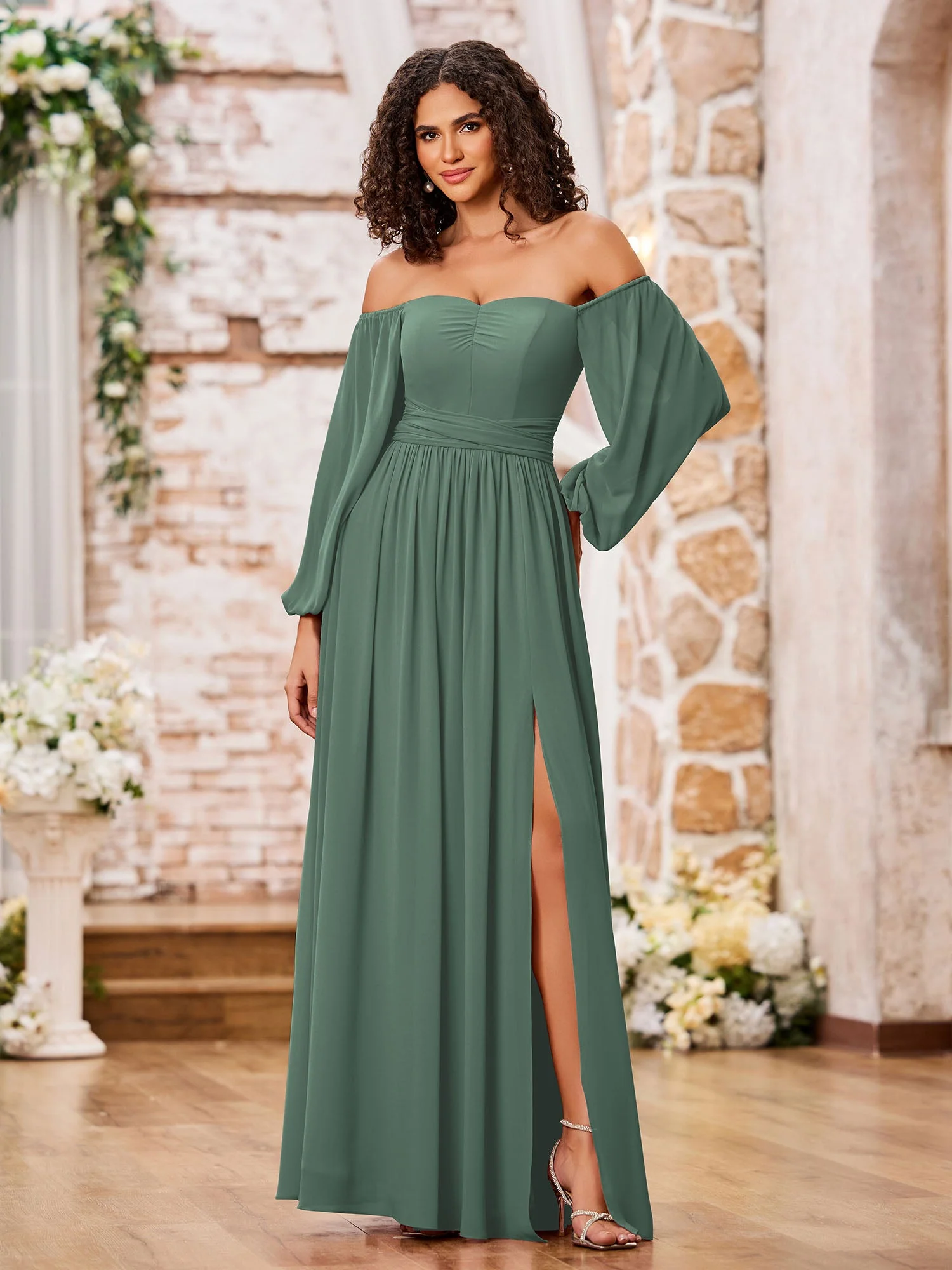 Schulterfrei Langarm Chiffon Kleider mit Schlitz Eukalyptus