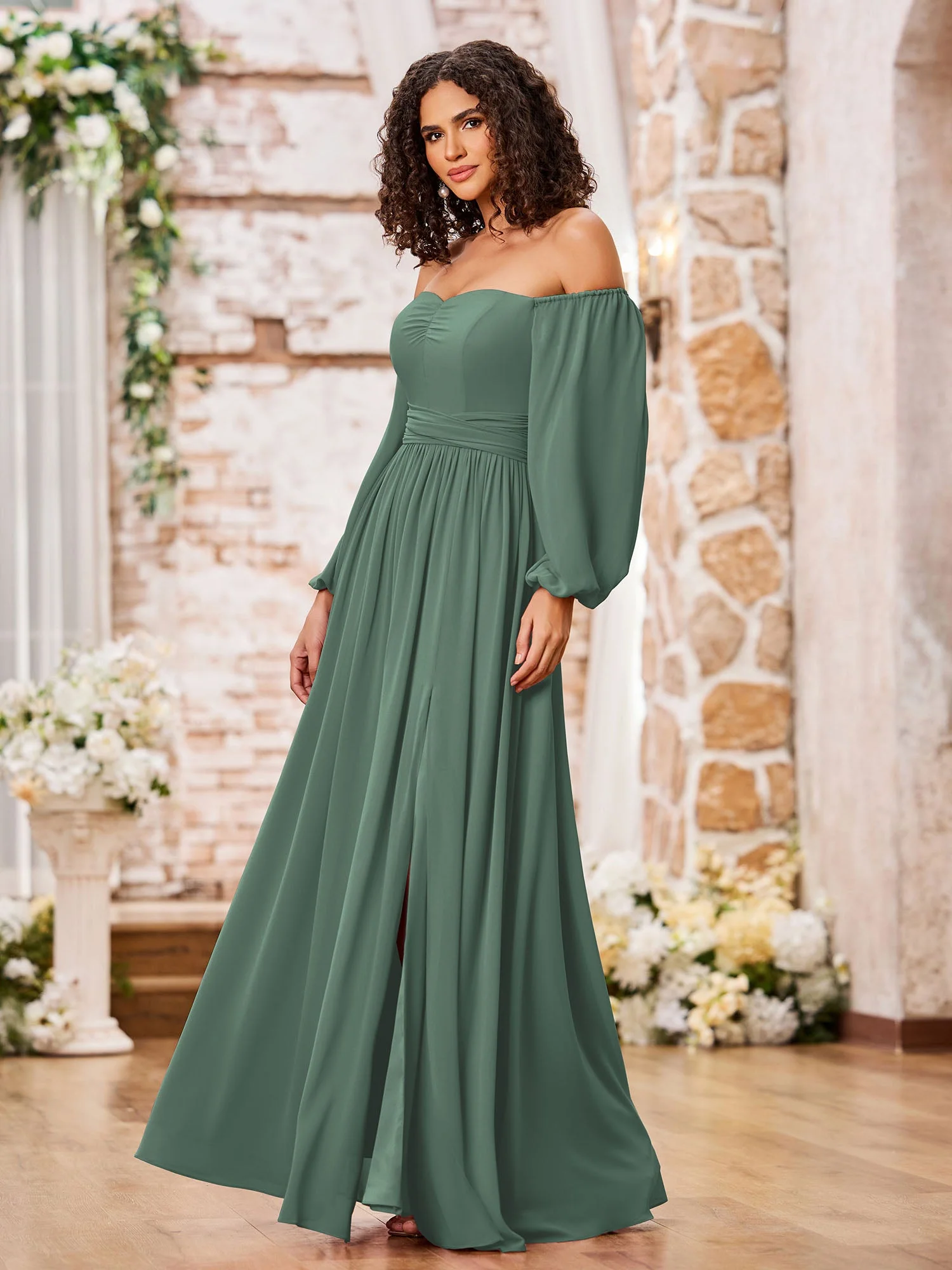 Schulterfrei Langarm Chiffon Kleider mit Schlitz Eukalyptus - Image 3