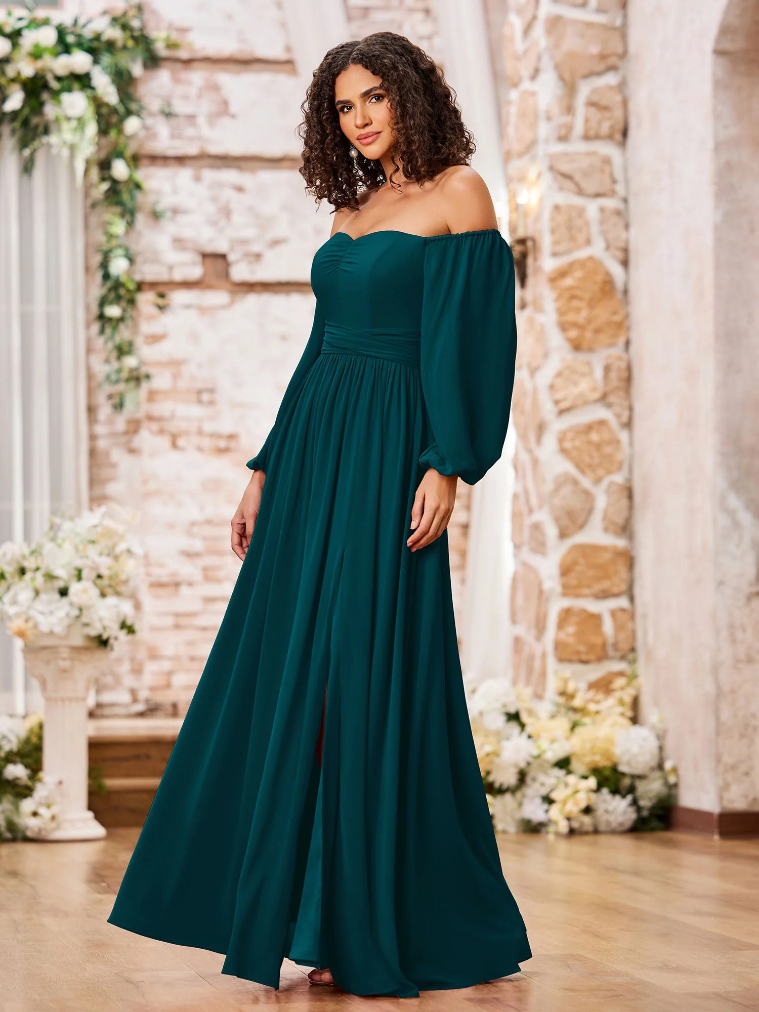 Schulterfrei Langarm Chiffon Kleider mit Schlitz Kieferngrün - Image 3