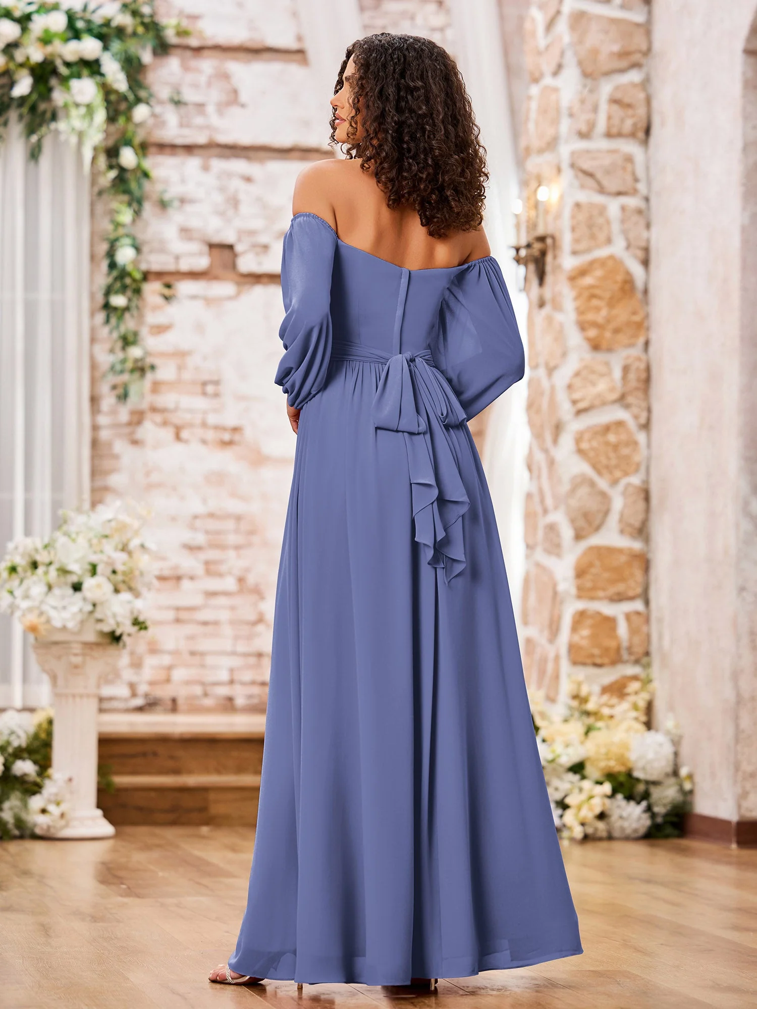 Schulterfrei Langarm Chiffon Kleider mit Schlitz Periwinkleblau - Image 2