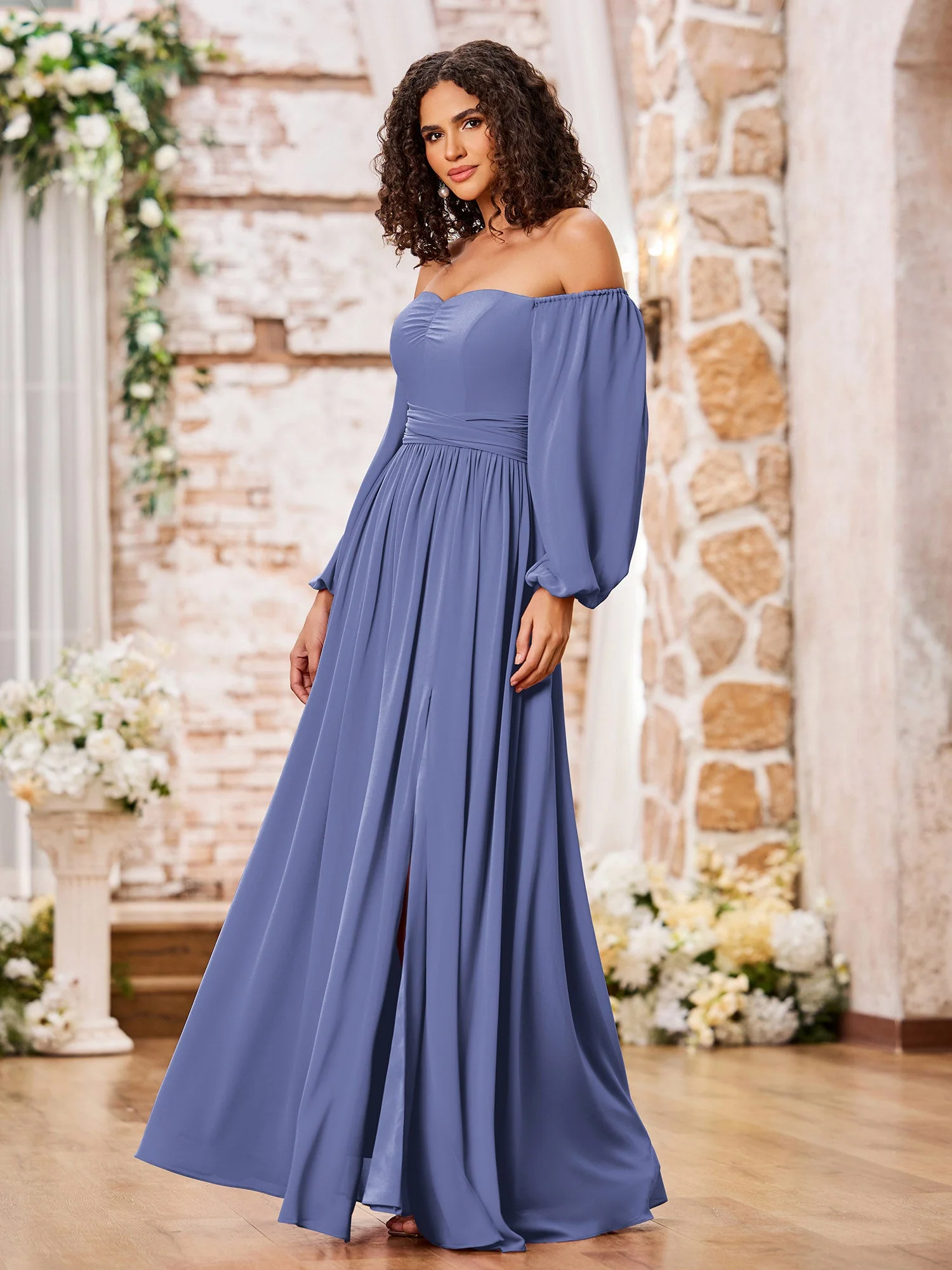 Schulterfrei Langarm Chiffon Kleider mit Schlitz Periwinkleblau - Image 3