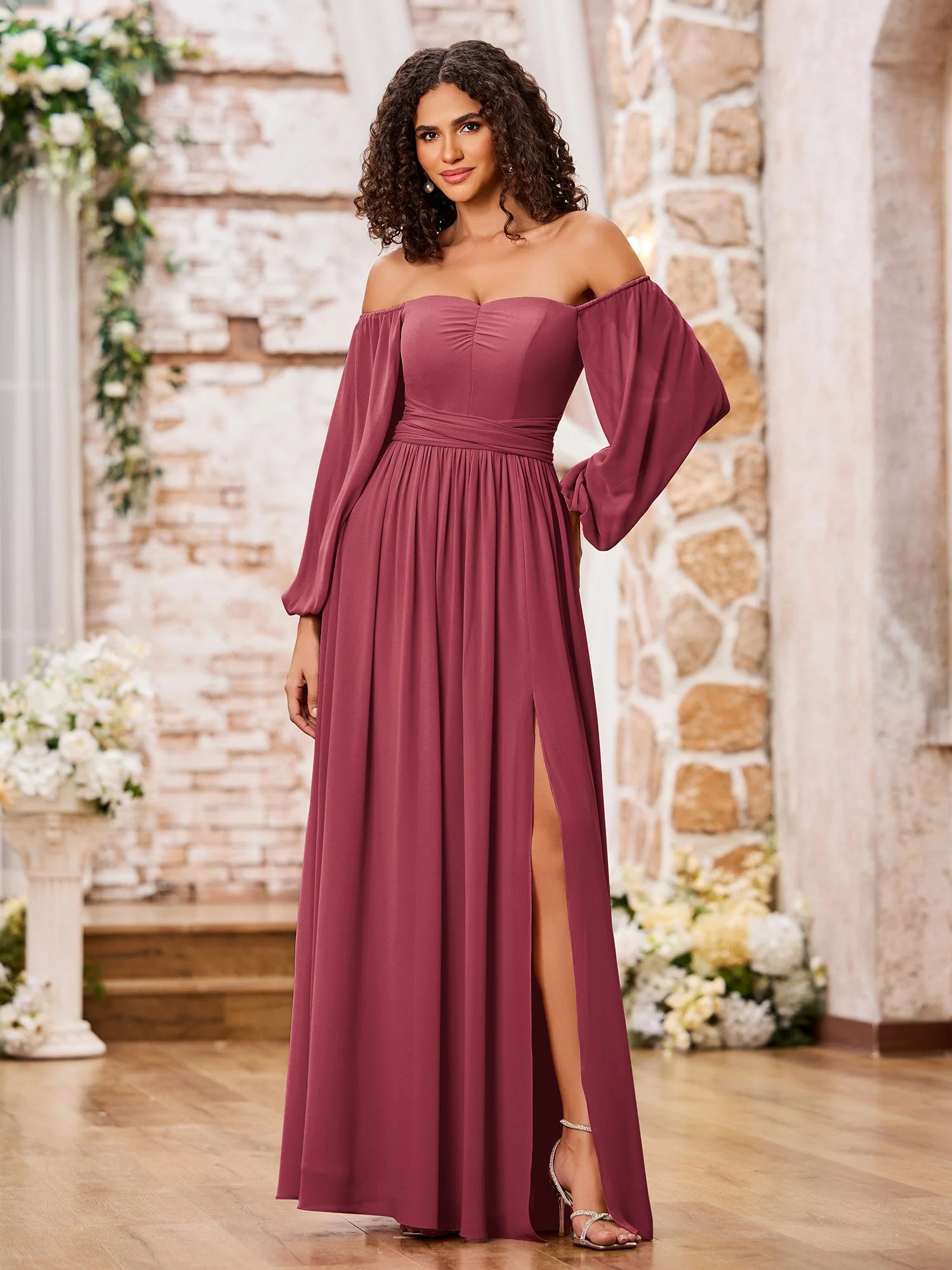 Schulterfrei Langarm Chiffon Kleider mit Schlitz Zimtrose