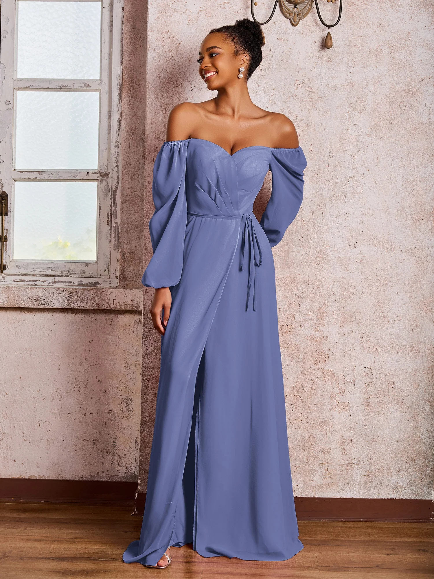 Schulterfrei Langarm Schleife Kleider mit Schlitz Periwinkleblau - Image 3
