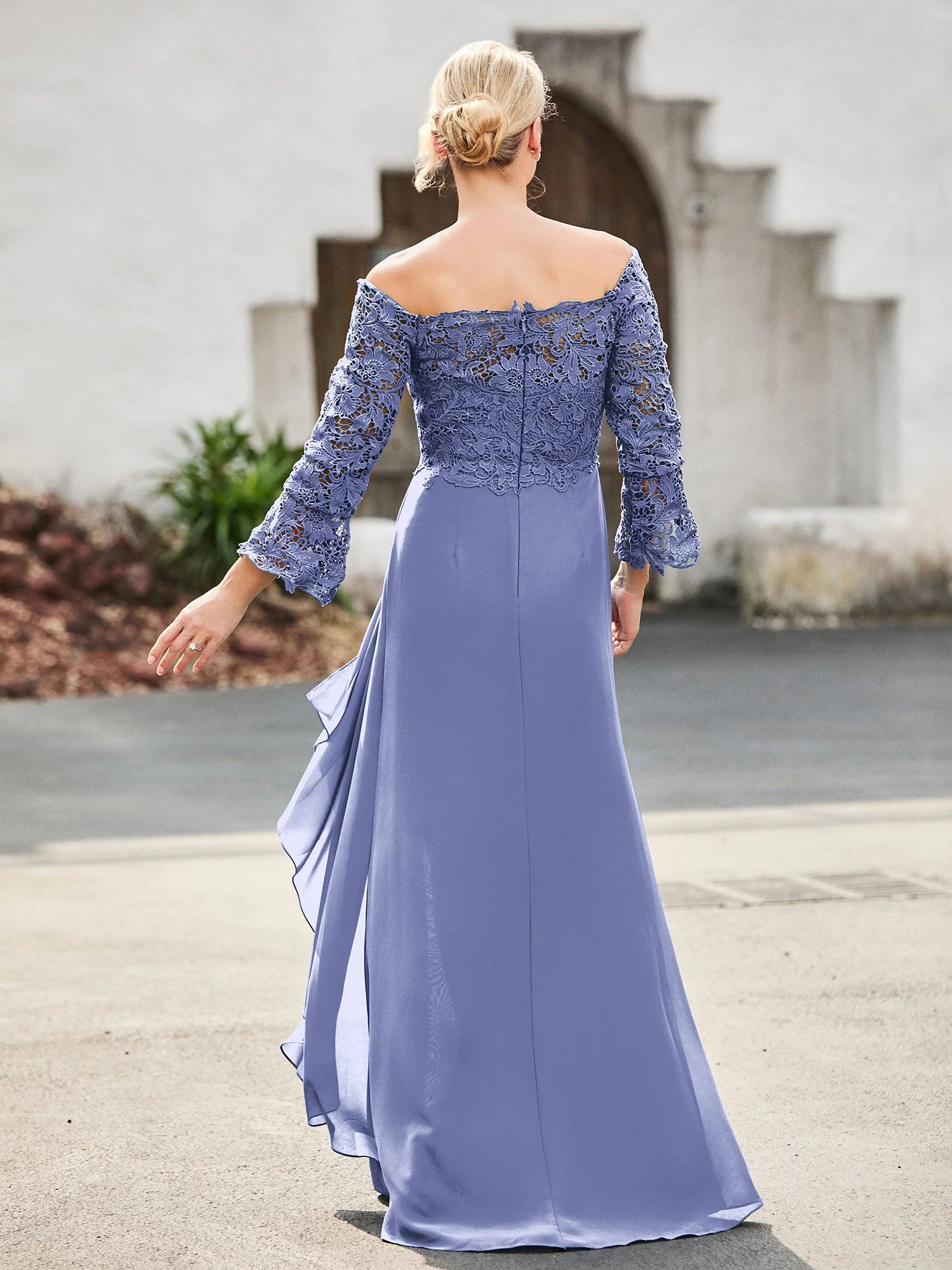 Schulterfrei Spitzenoberteil Chiffon Kleid Periwinkleblau - Image 2