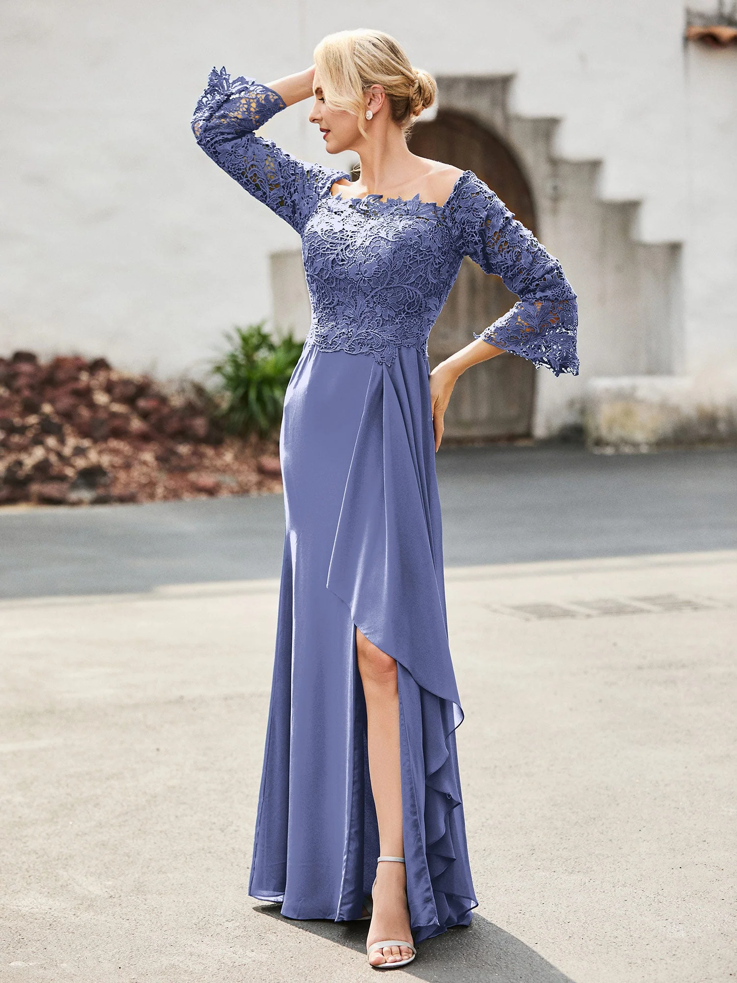 Schulterfrei Spitzenoberteil Chiffon Kleid Periwinkleblau - Image 3