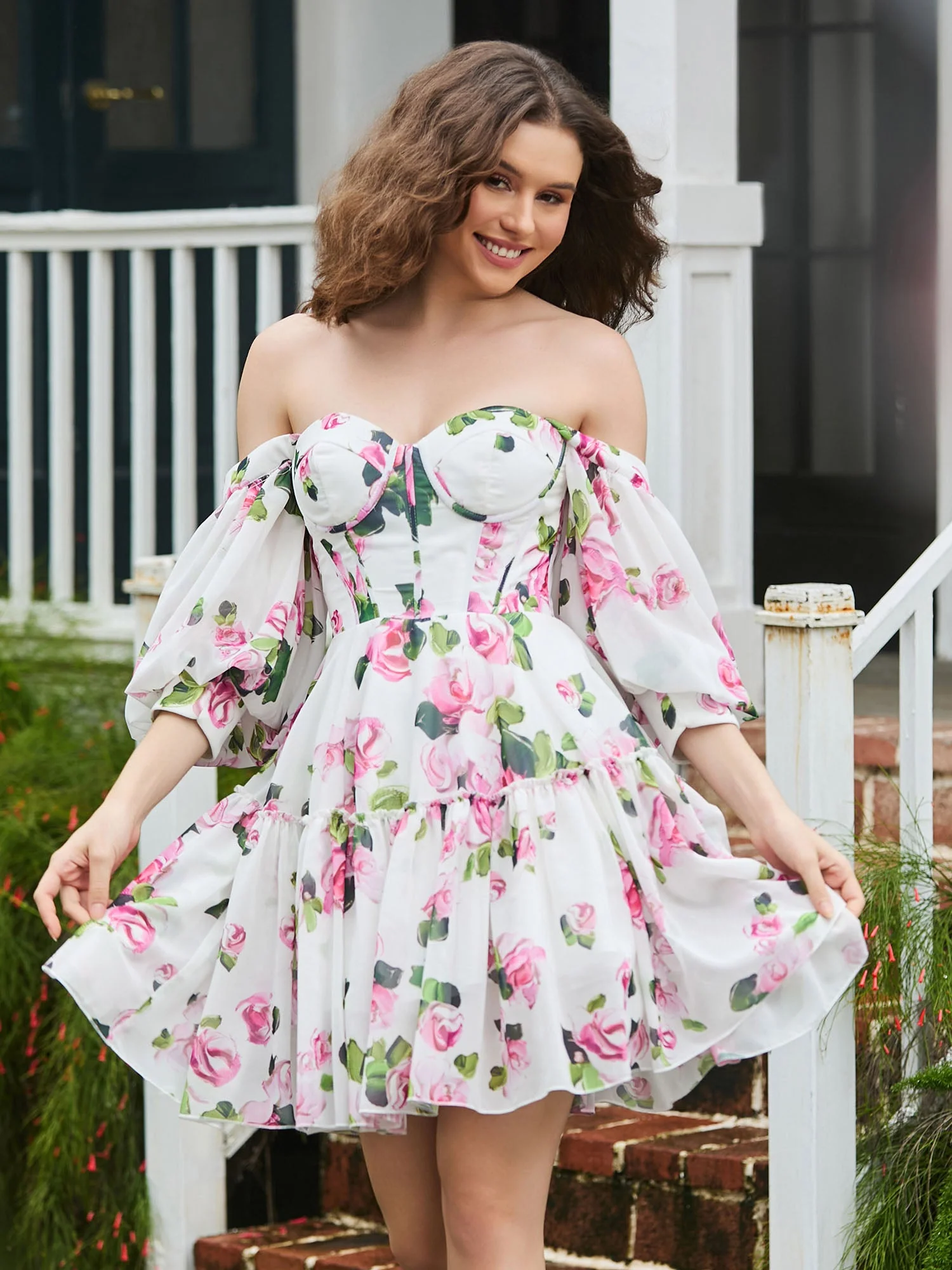 Schulterfreies Mini-Cocktailkleid In A-Linie Mit Blumenmuster Floral - Image 4