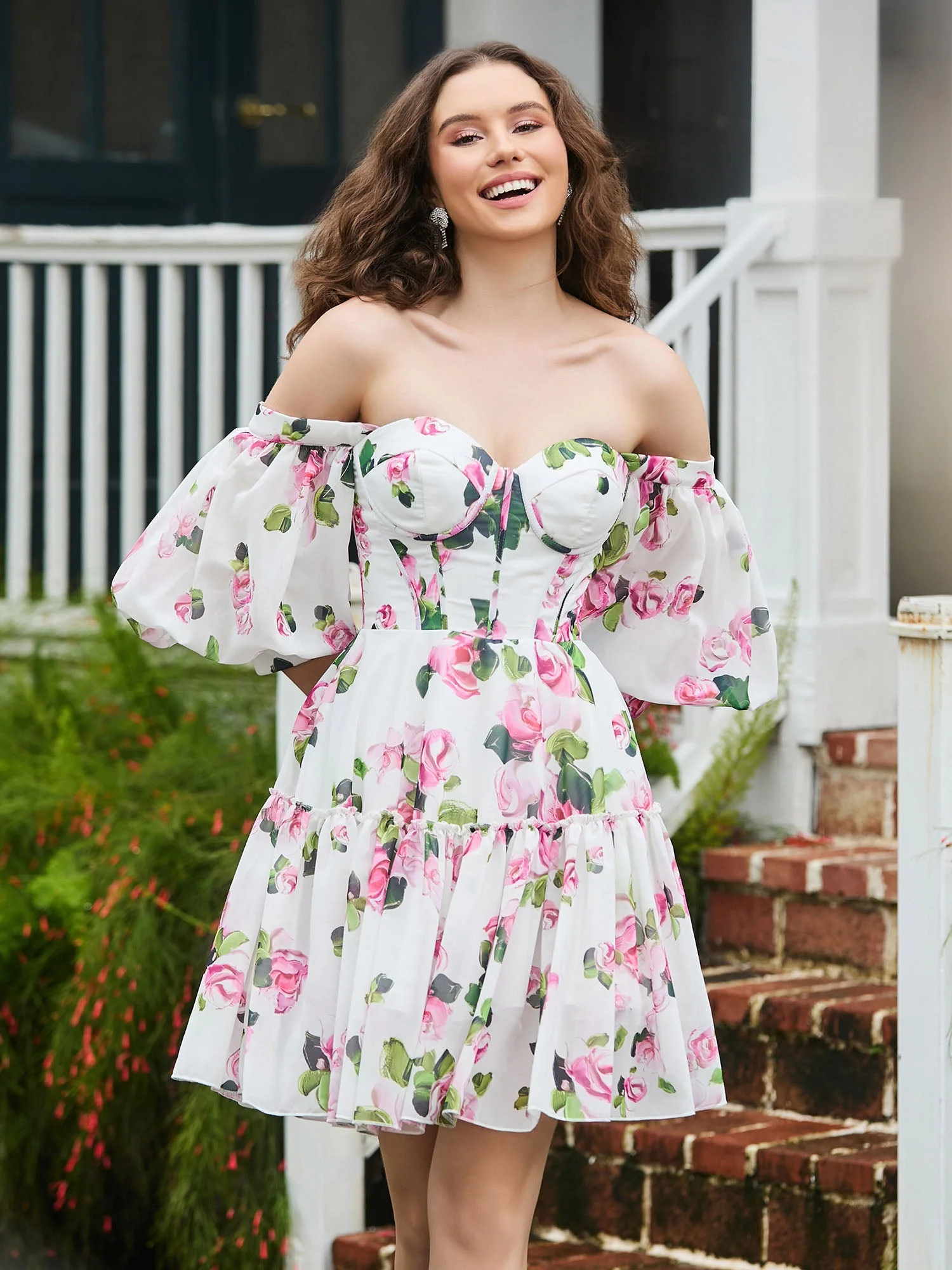 Schulterfreies Mini-Cocktailkleid In A-Linie Mit Blumenmuster Floral - Image 5