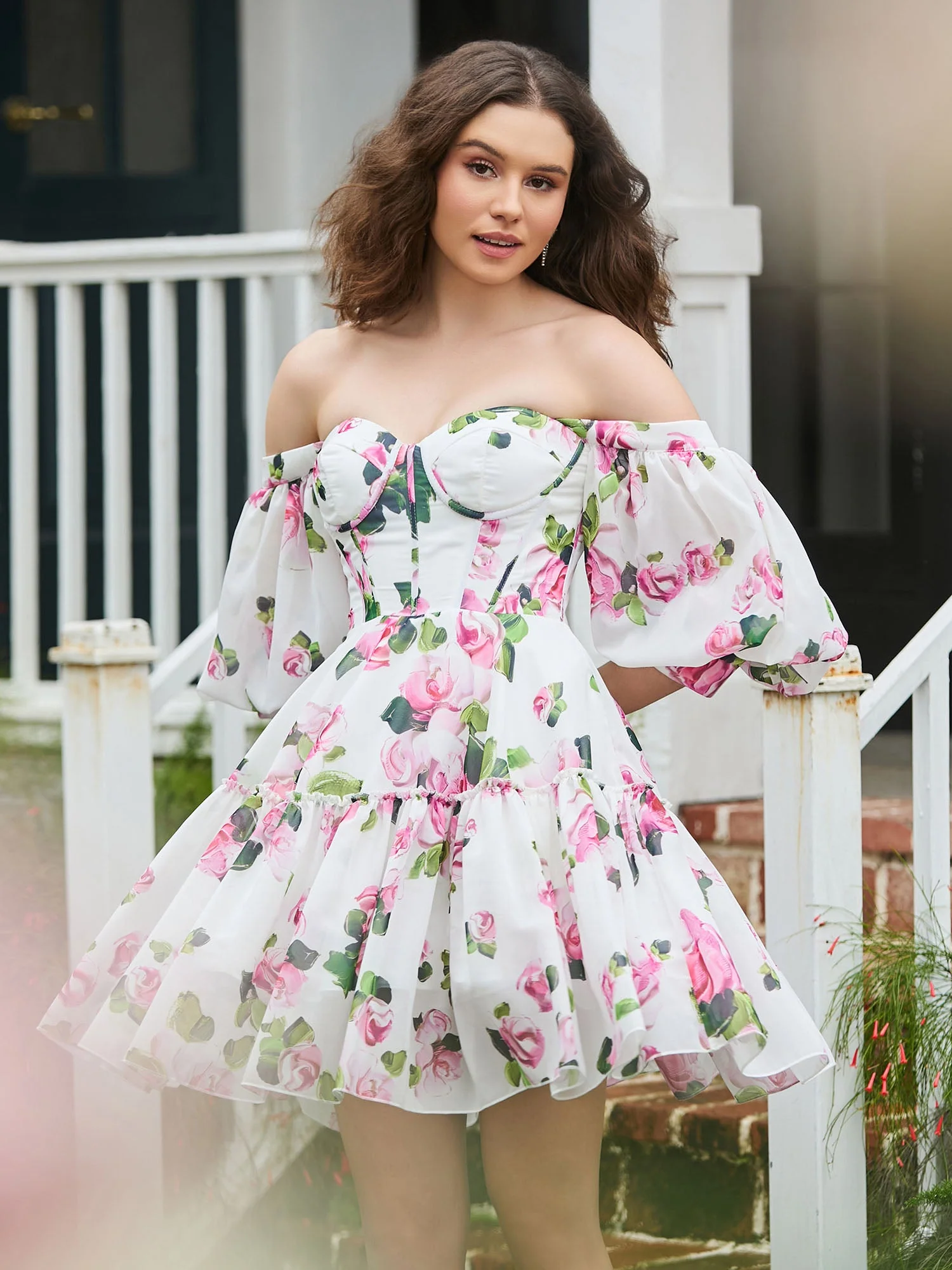 Schulterfreies Mini-Cocktailkleid In A-Linie Mit Blumenmuster Floral - Image 6